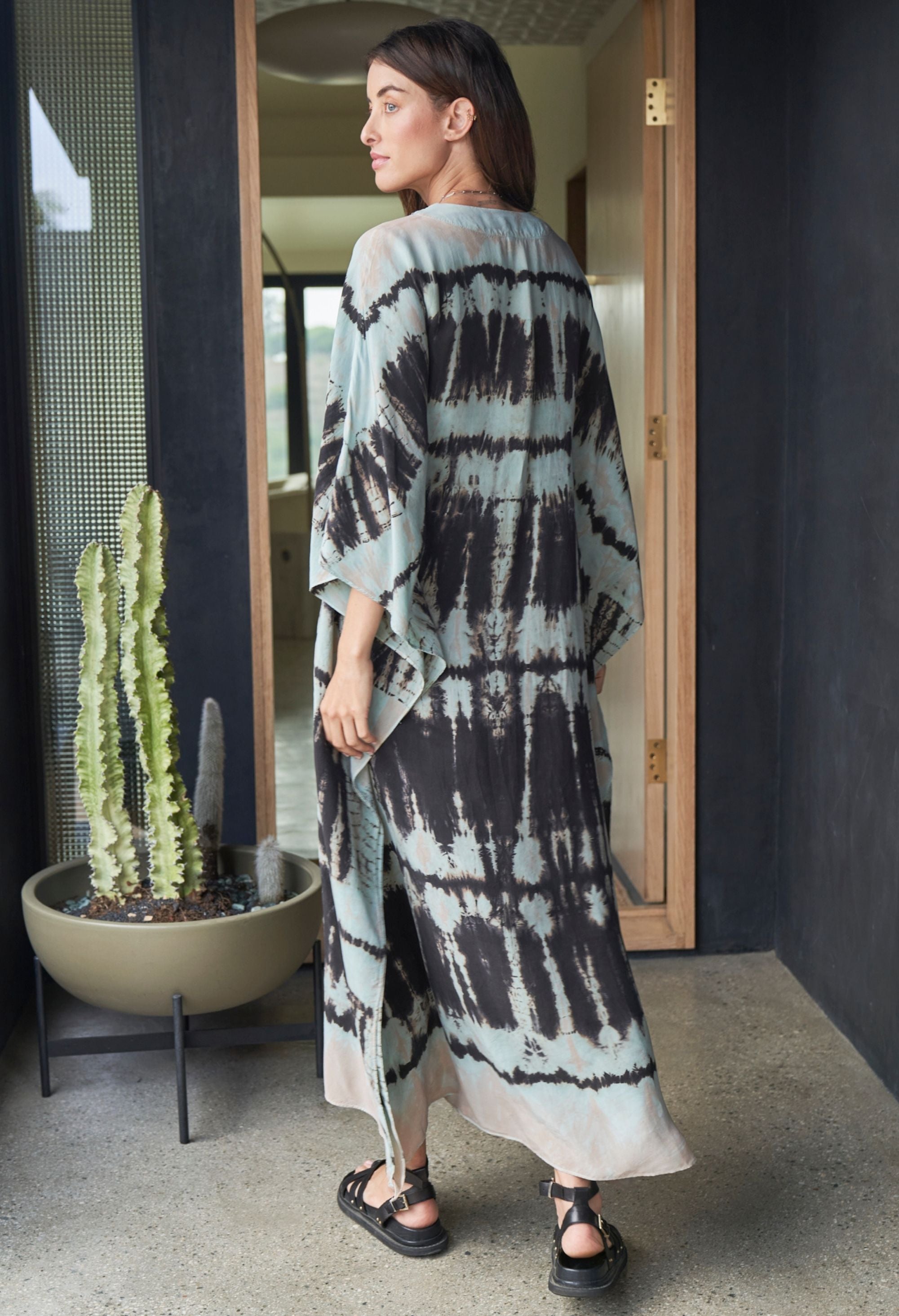 Sky Blue Aztec Print Cupro Caftan with Removable Belt