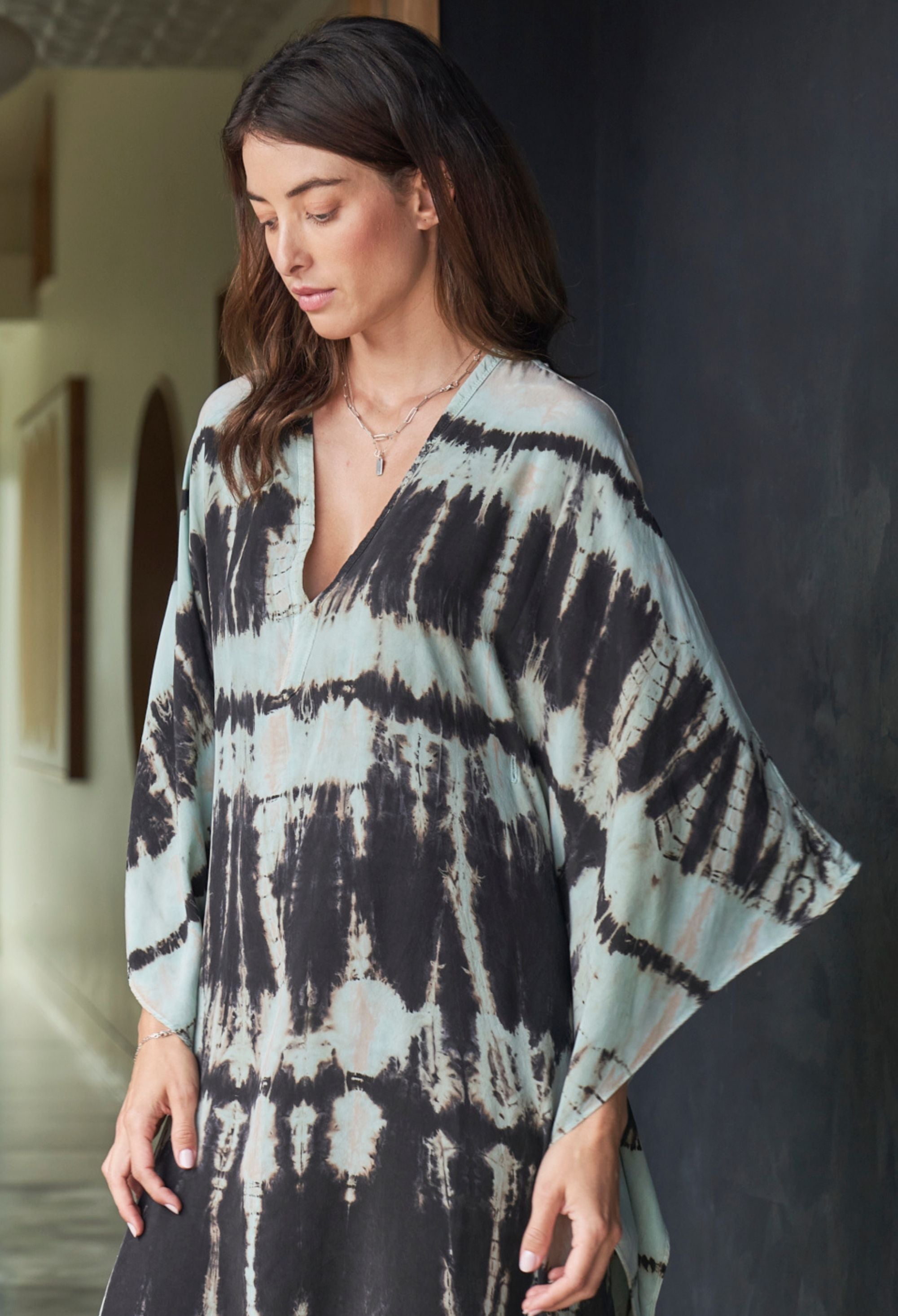 Sky Blue Aztec Print Cupro Caftan with Removable Belt