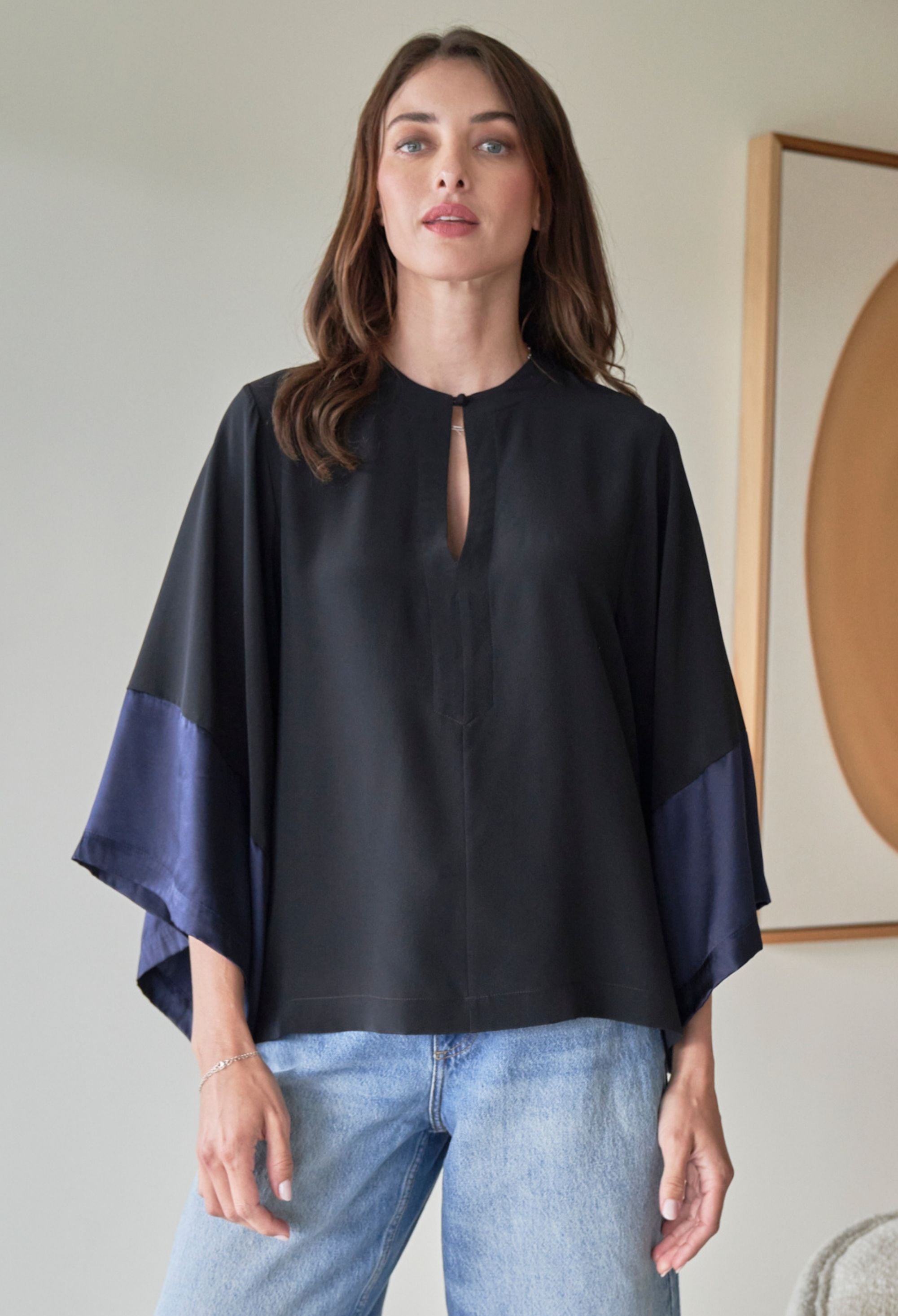 Black and Navy Silk Kimono Sleeve Top