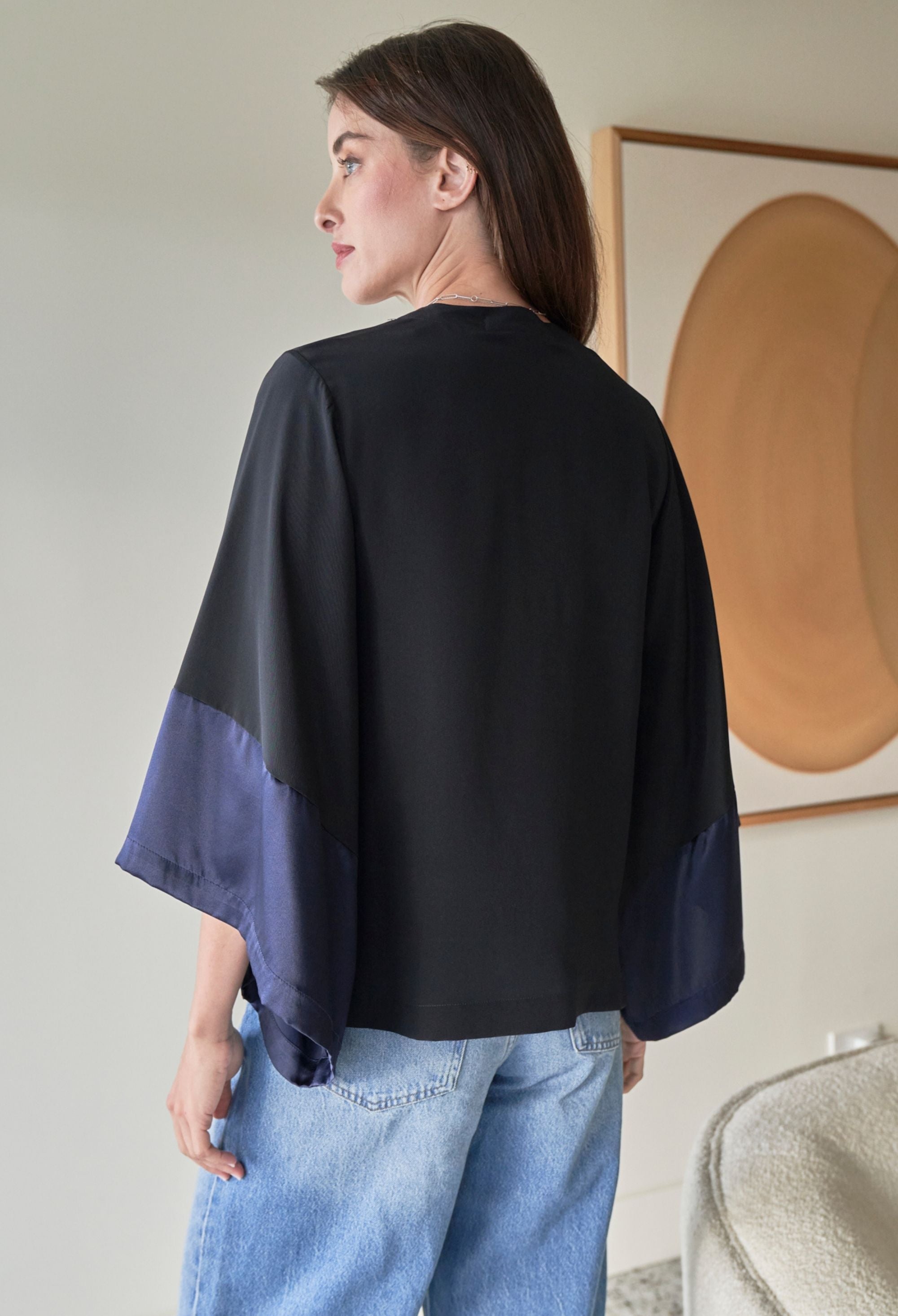 Black and Navy Silk Kimono Sleeve Top