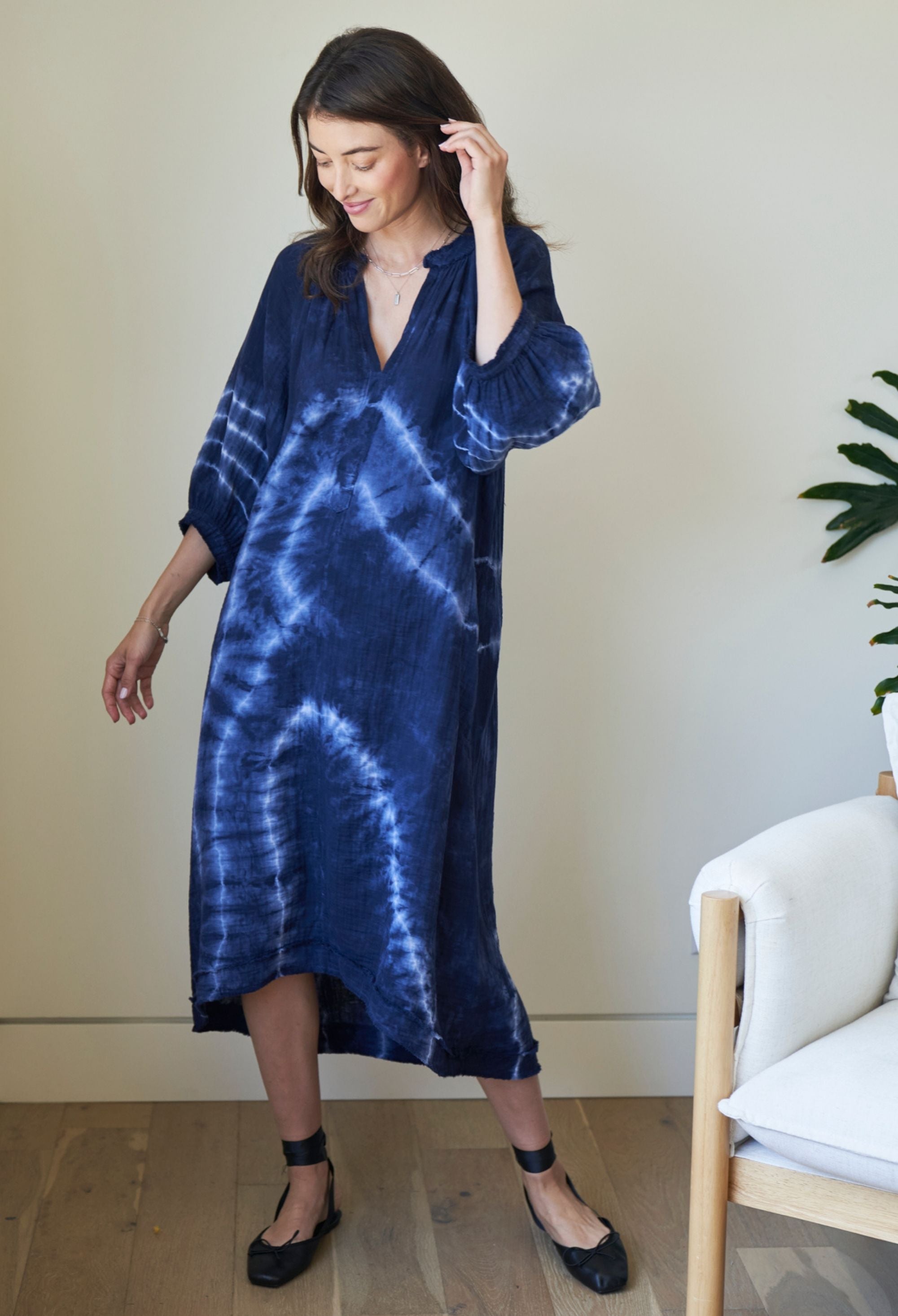 Navy River Print Gauze Dress with Pockets