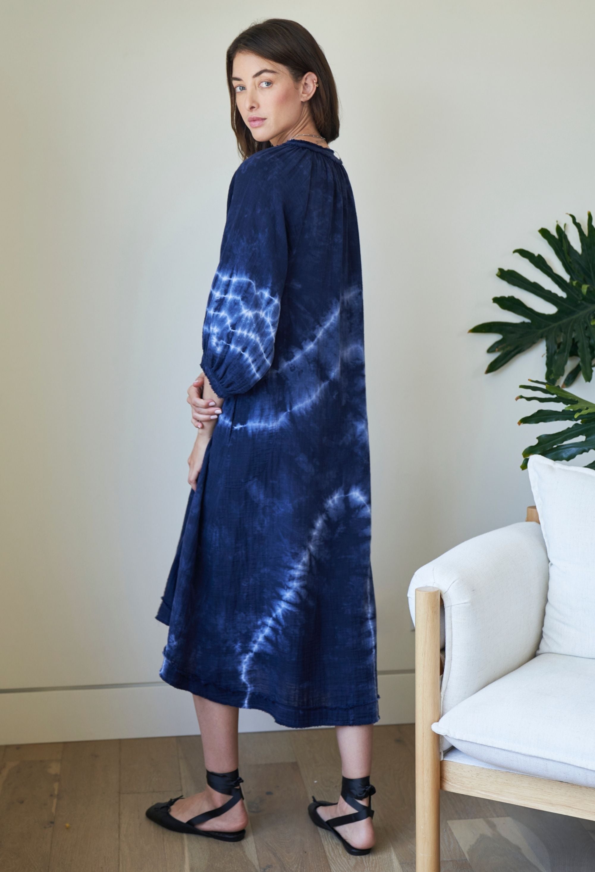 Navy River Print Gauze Dress with Pockets