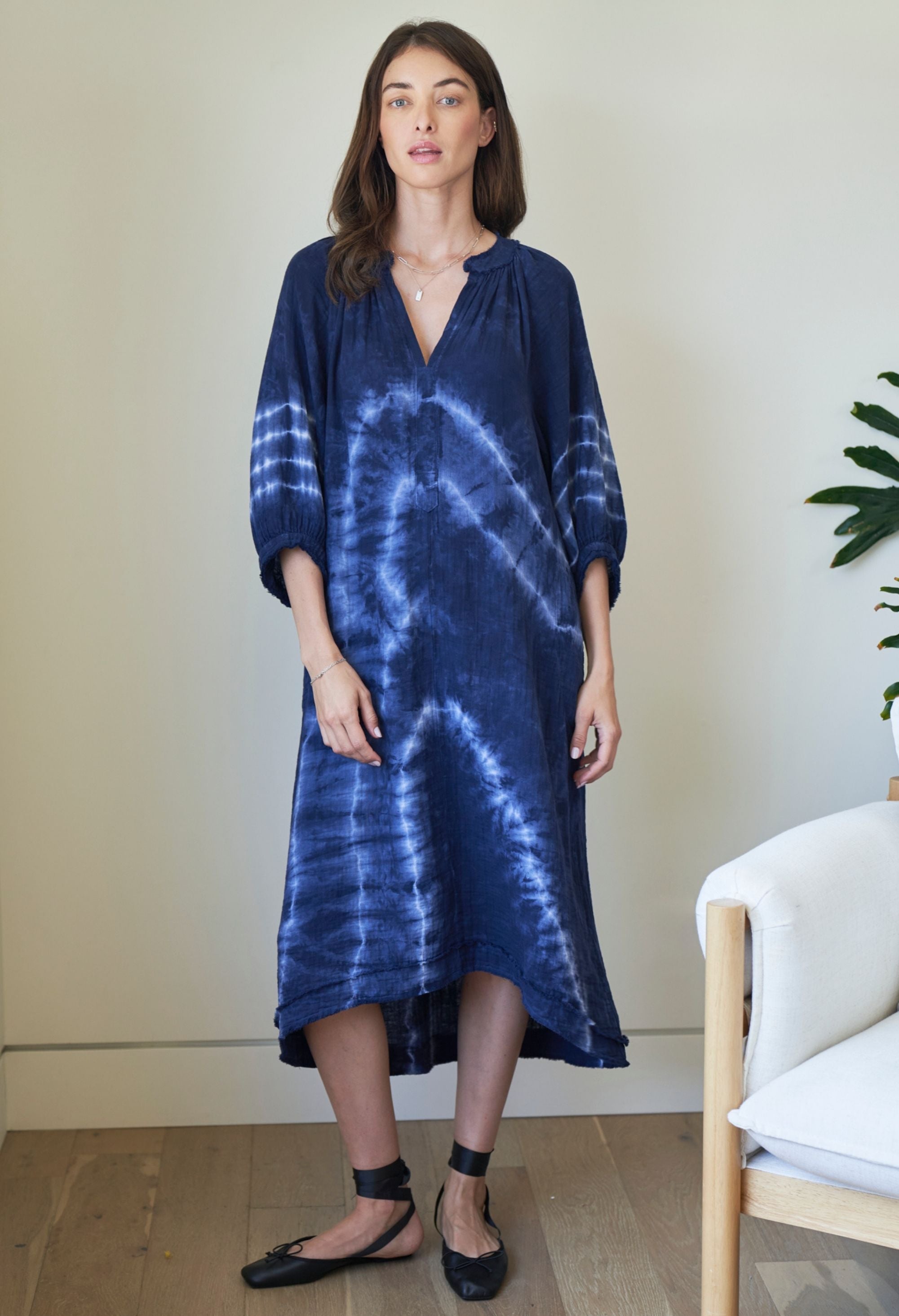 Navy River Print Gauze Dress with Pockets