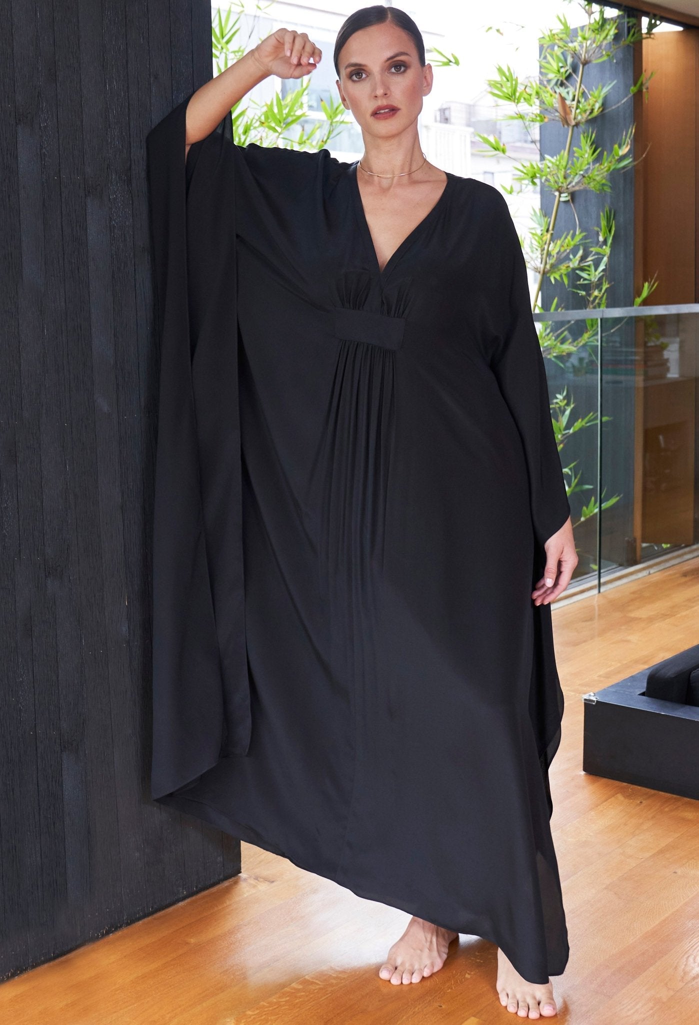 Olivia Black Silk Long Gathered Caftan - ocean+main