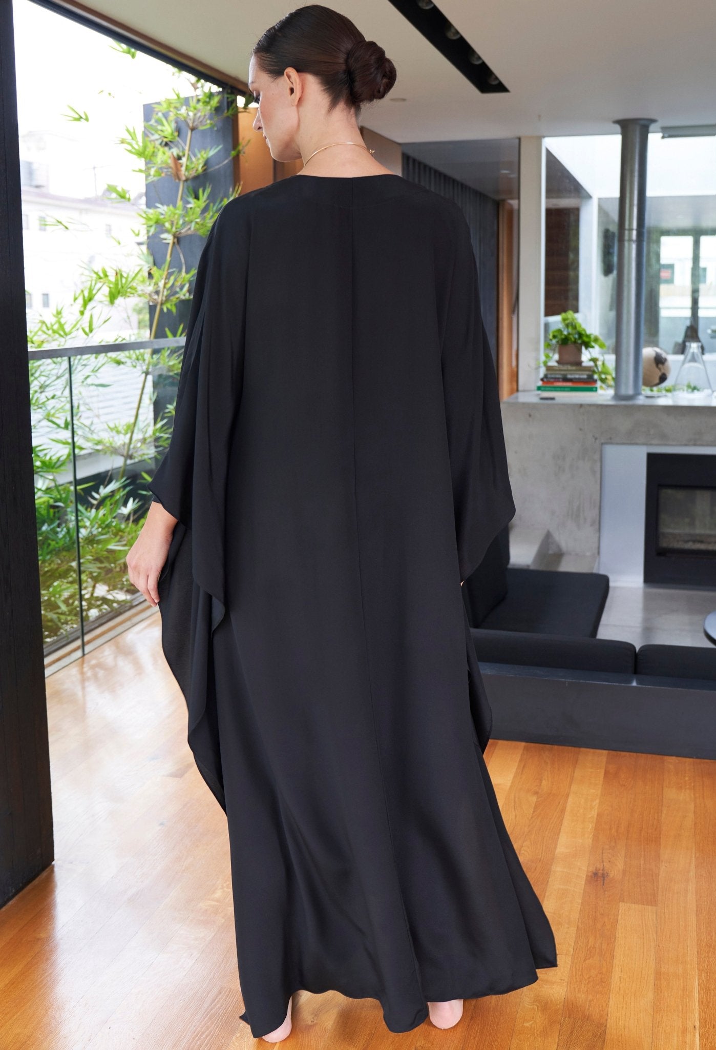 Olivia Black Silk Long Gathered Caftan - ocean+main