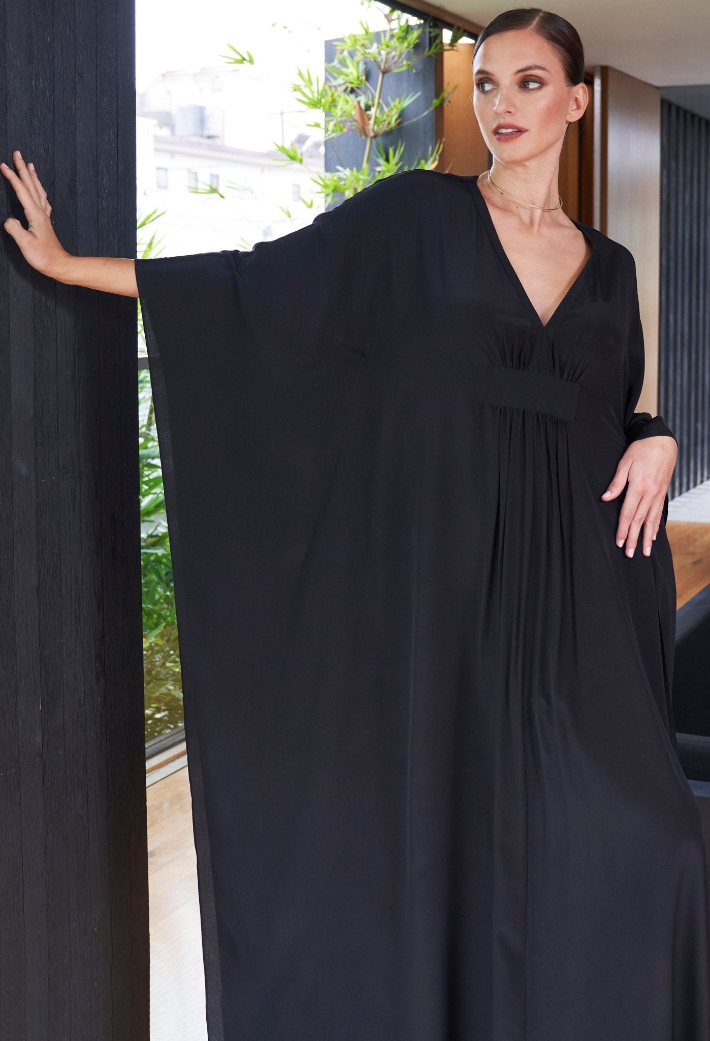 Olivia Black Silk Long Gathered Caftan - ocean+main