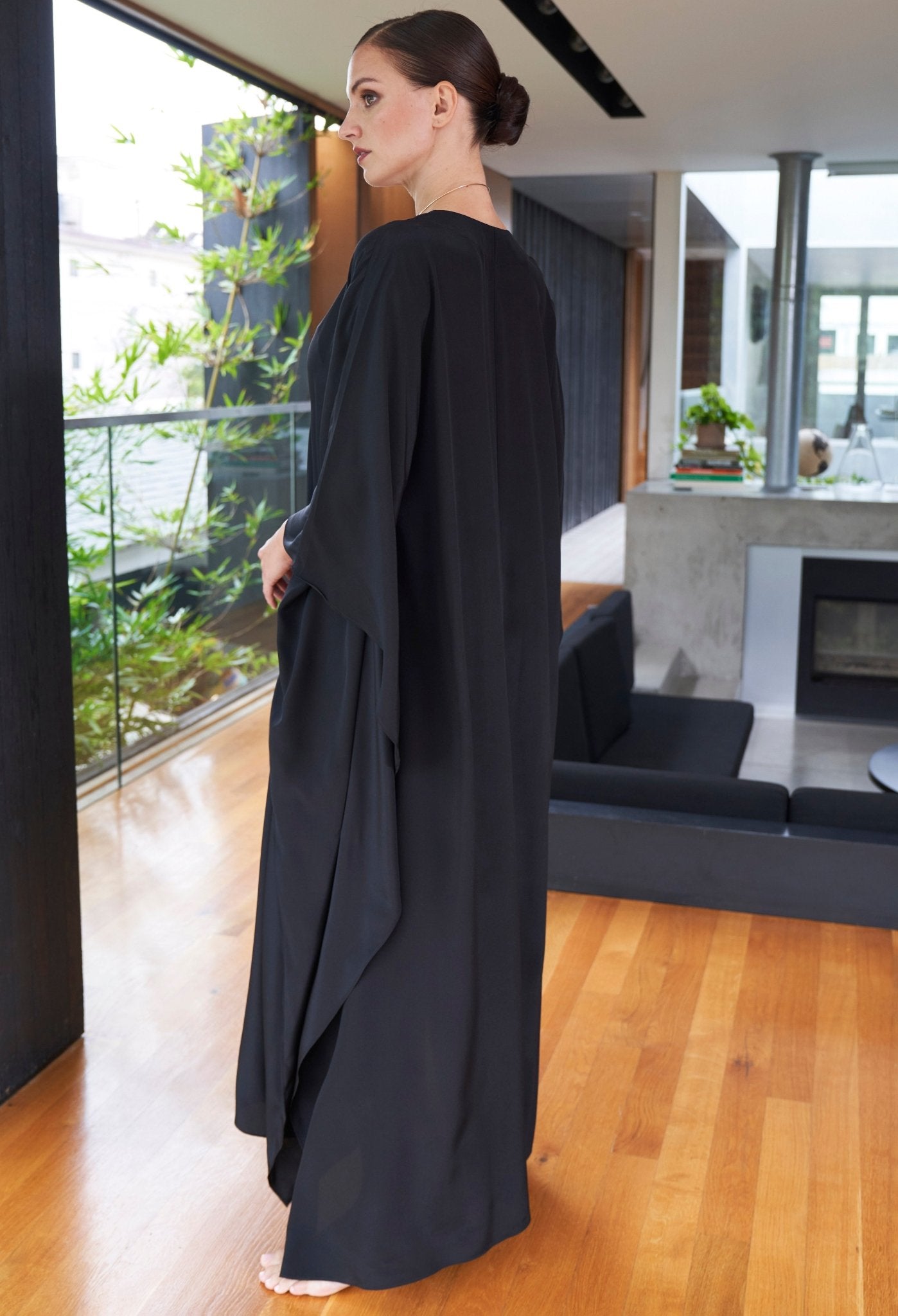 Olivia Black Silk Long Gathered Caftan - ocean+main