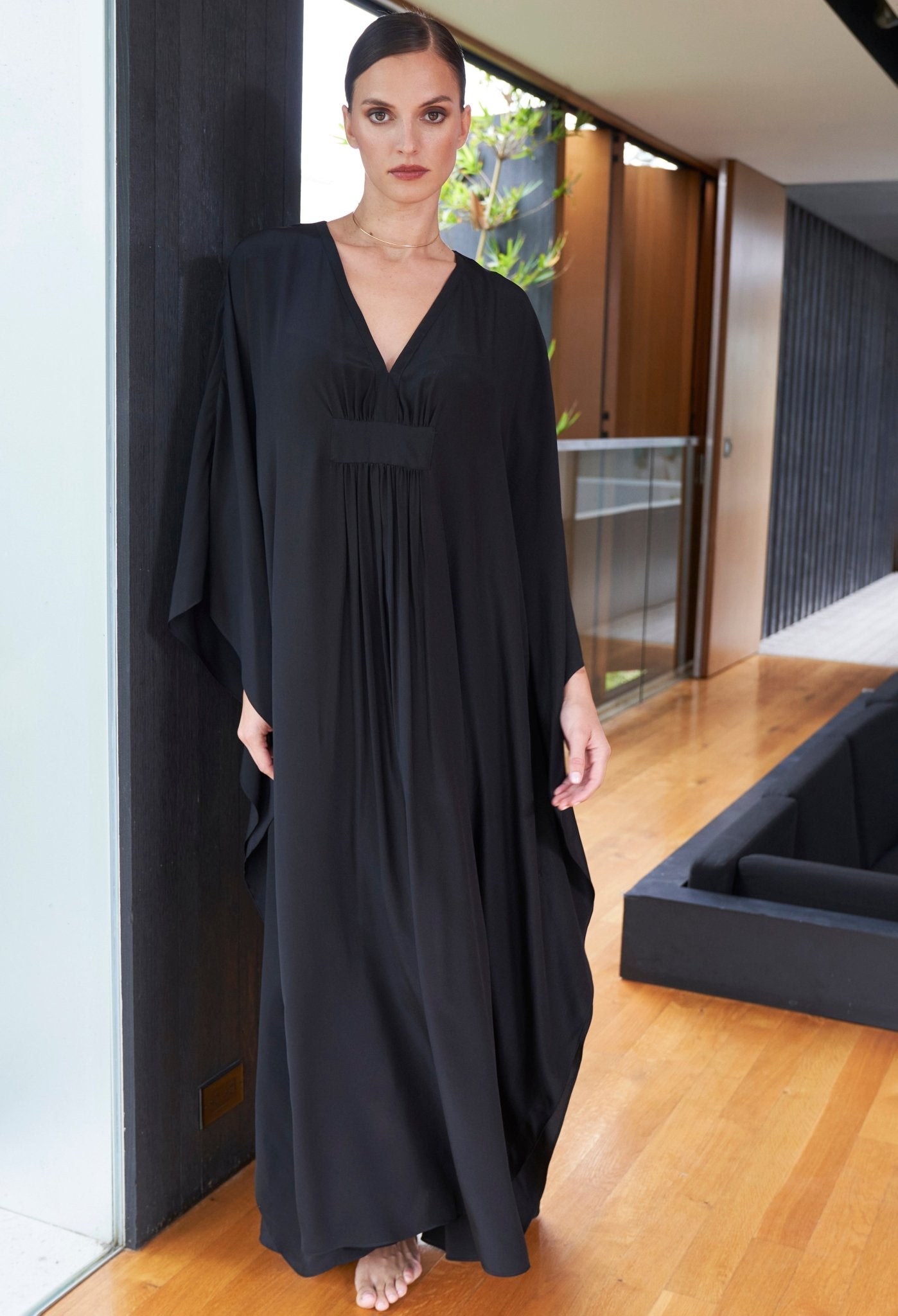 Olivia Black Silk Long Gathered Caftan - ocean+main