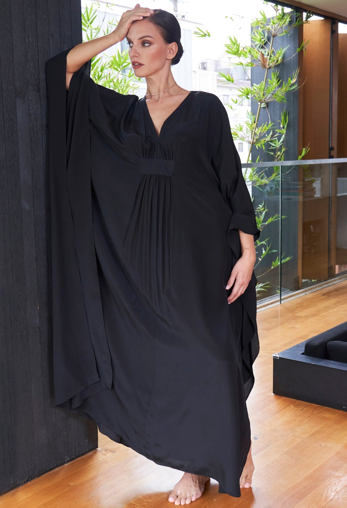 Olivia Black Silk Long Gathered Caftan - ocean+main