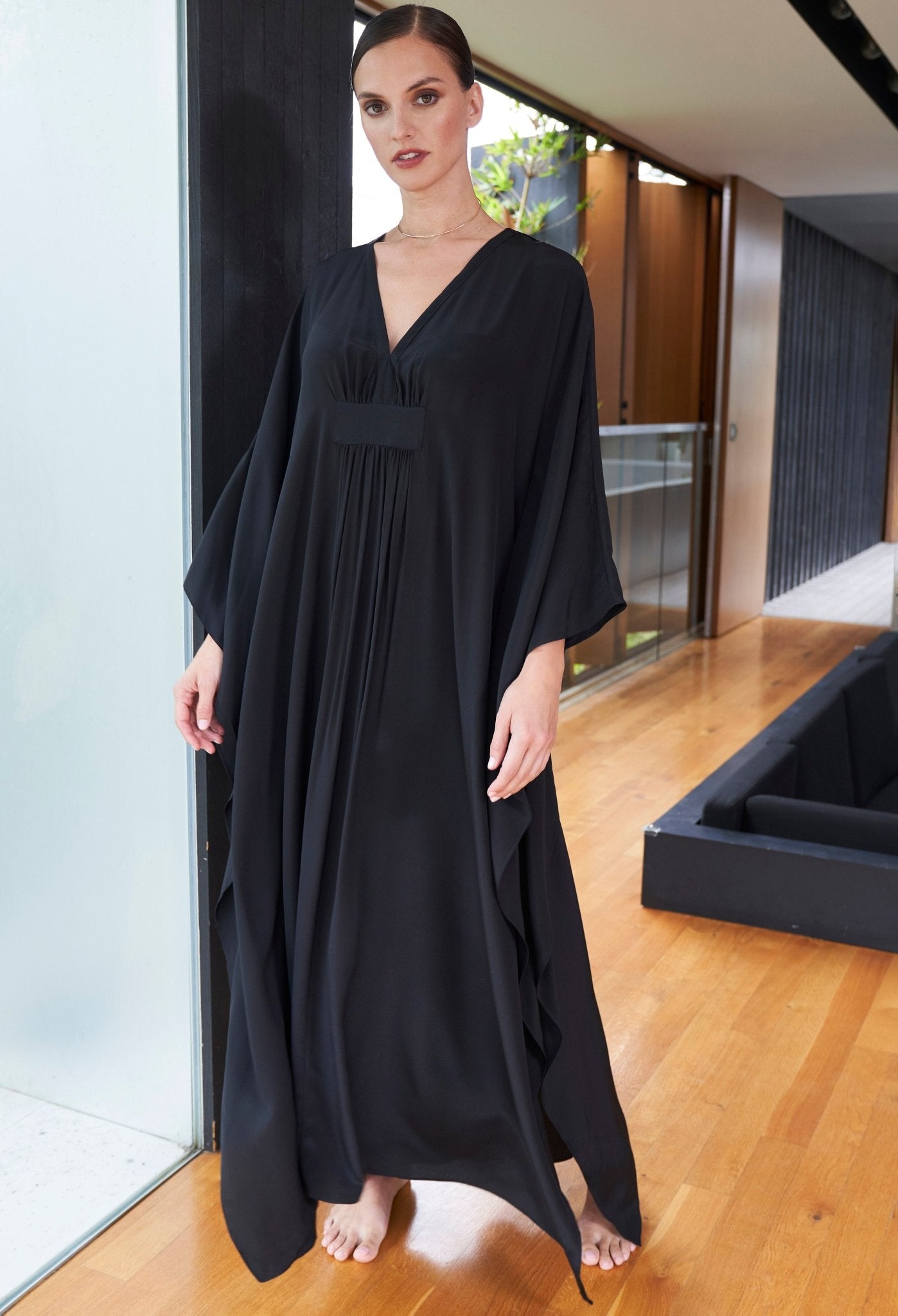 Olivia Black Silk Long Gathered Caftan - ocean+main