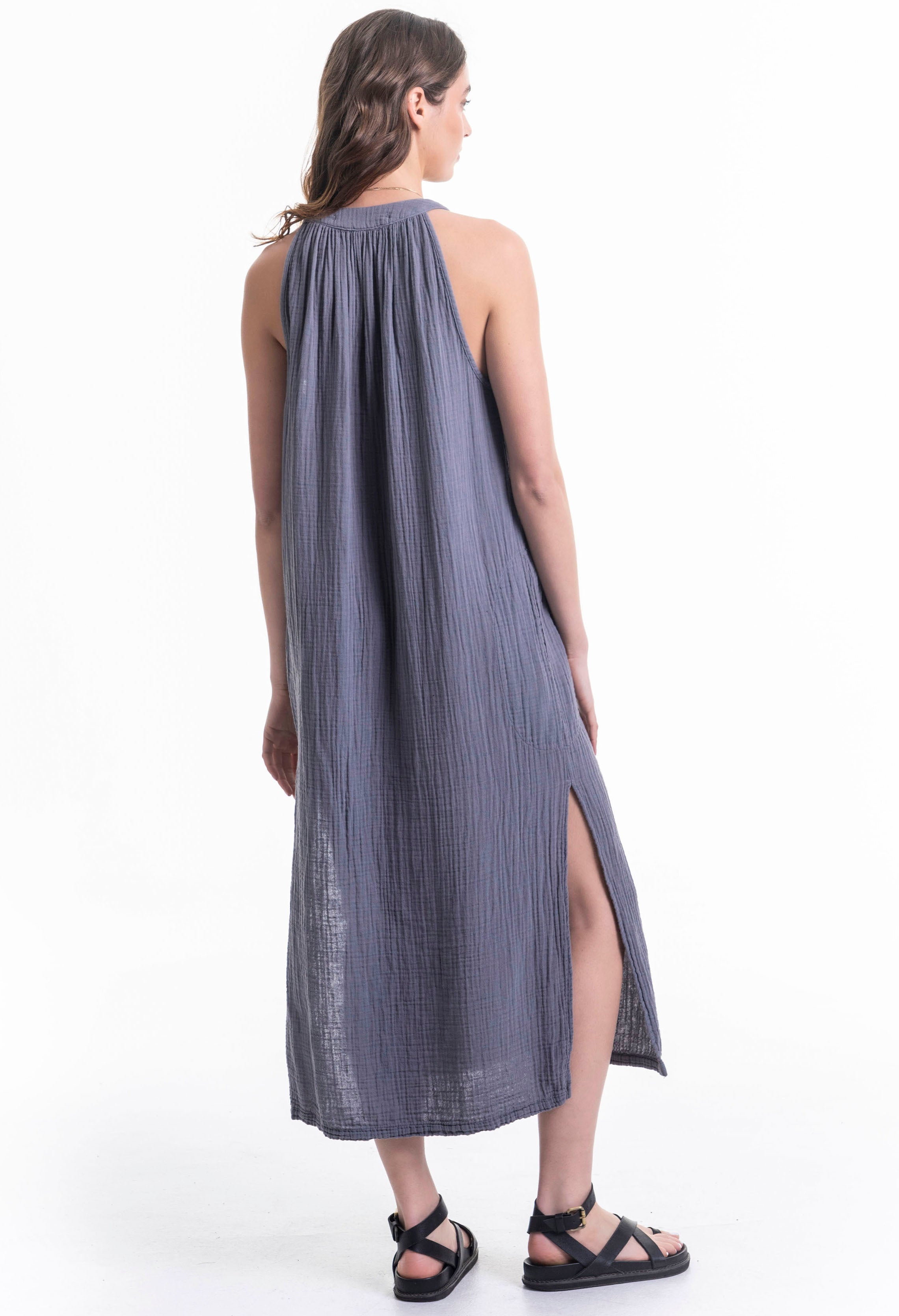 Sleeveless Petrol Gauze Midi Dress with Pockets