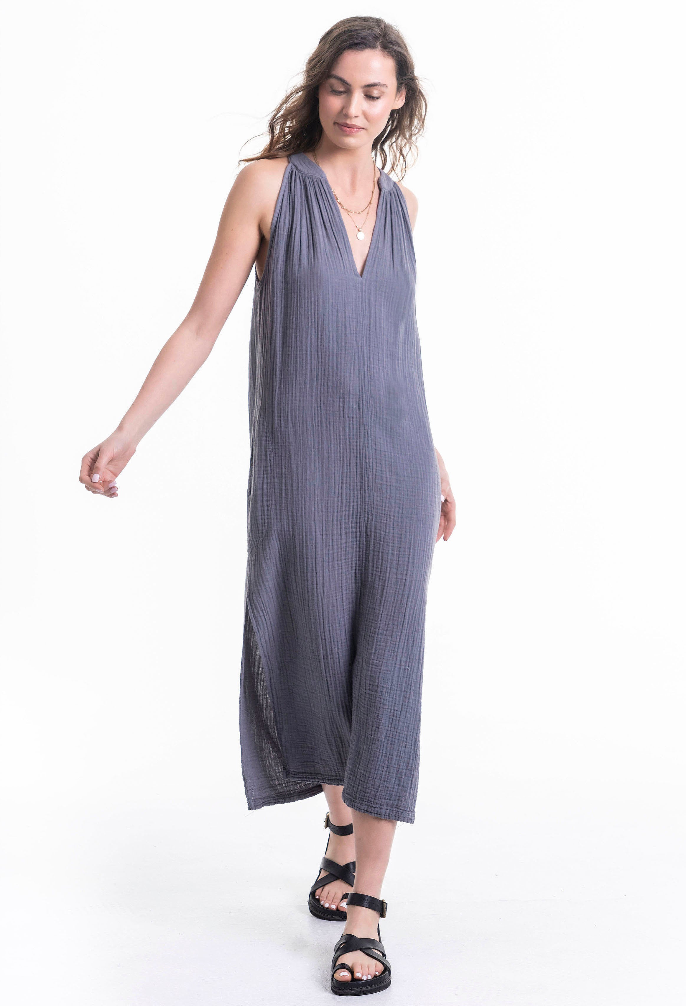 Sleeveless Petrol Gauze Midi Dress with Pockets