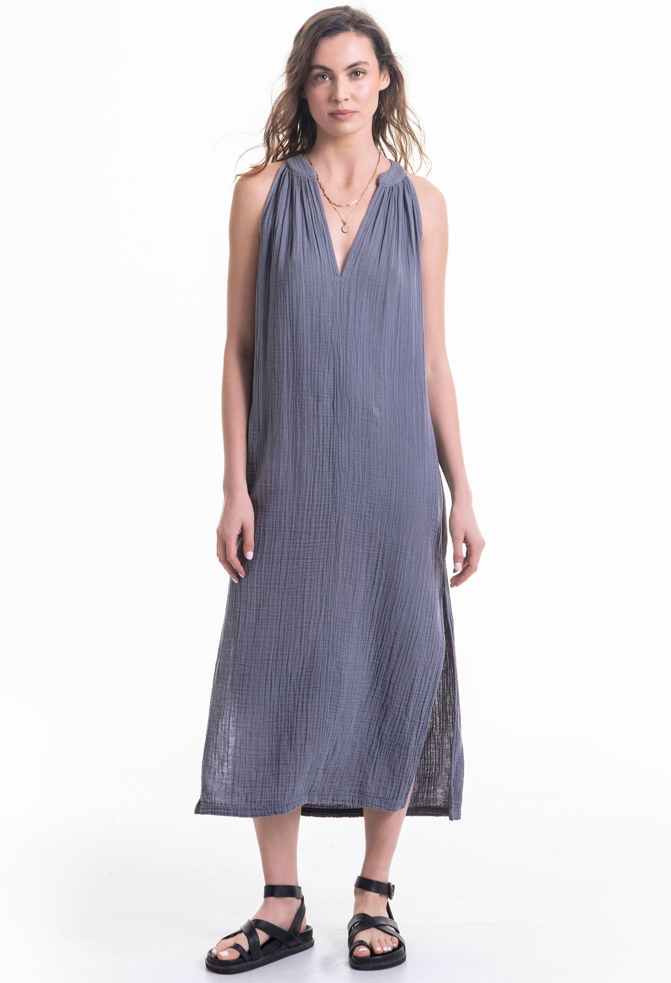 Sleeveless Petrol Gauze Midi Dress with Pockets
