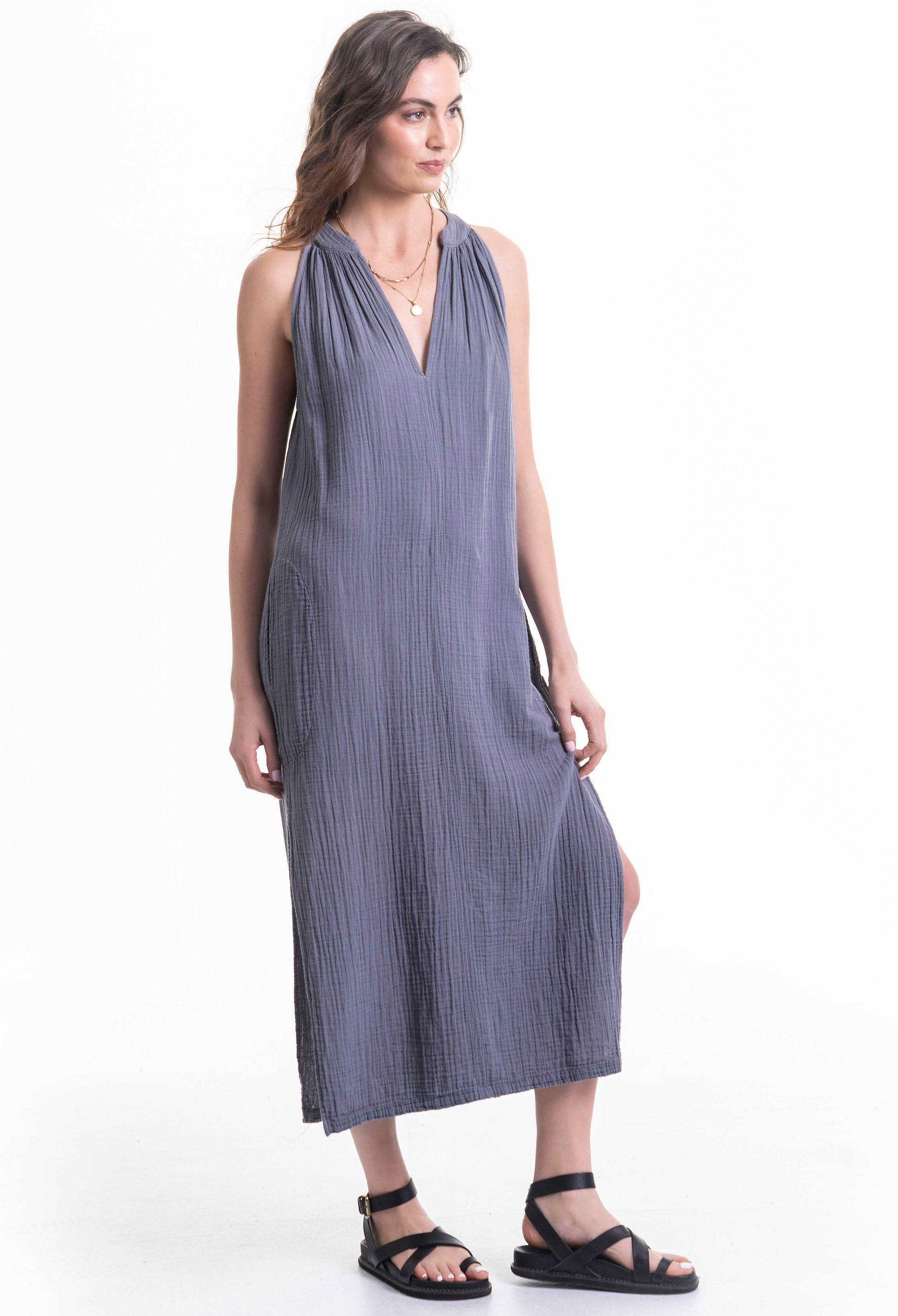 Sleeveless Petrol Gauze Midi Dress with Pockets