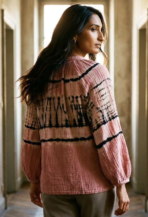 Aztec Print Gauze Top | Hand-Dyed Cotton V-Neck Blouse, Made in LA