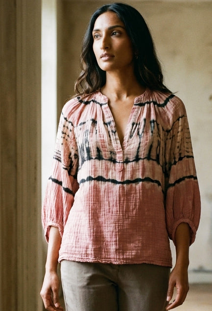 Aztec Print Gauze Top | Hand-Dyed Cotton V-Neck Blouse, Made in LA