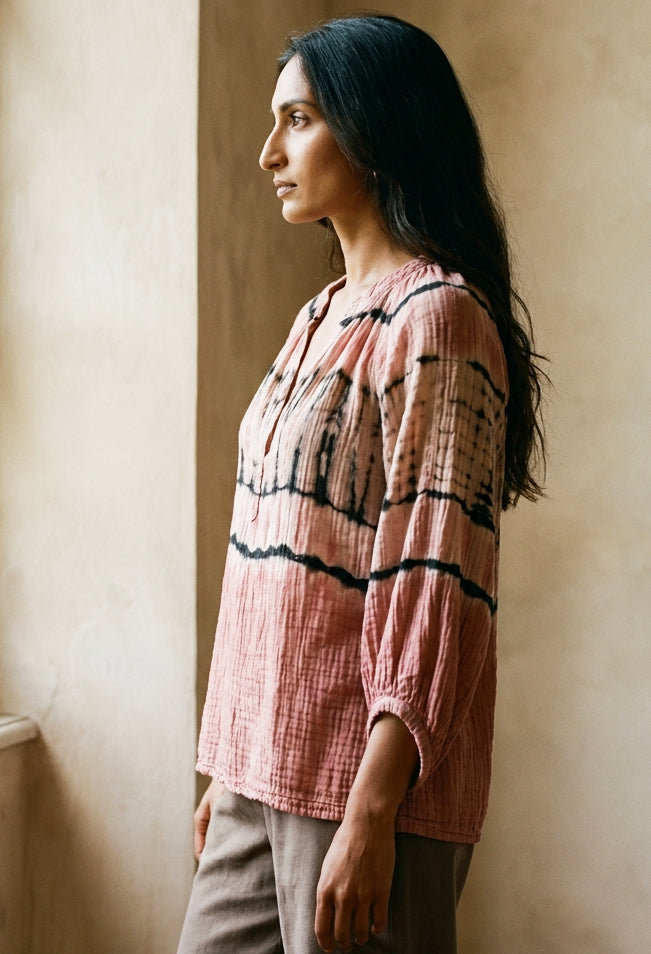 Aztec Print Gauze Top | Hand-Dyed Cotton V-Neck Blouse, Made in LA