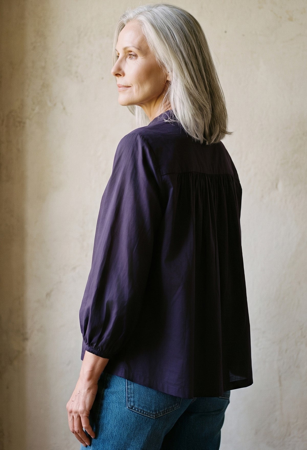 Aubergine Cotton Poplin Peasant Top