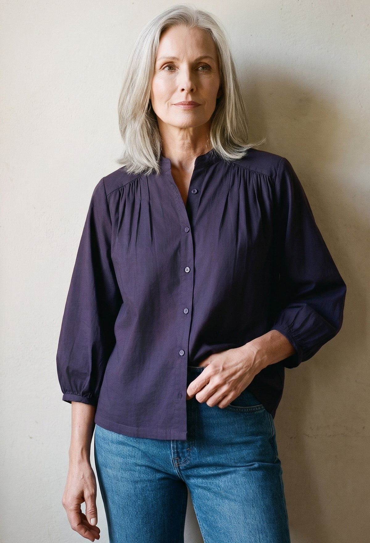 Aubergine Cotton Poplin Peasant Top