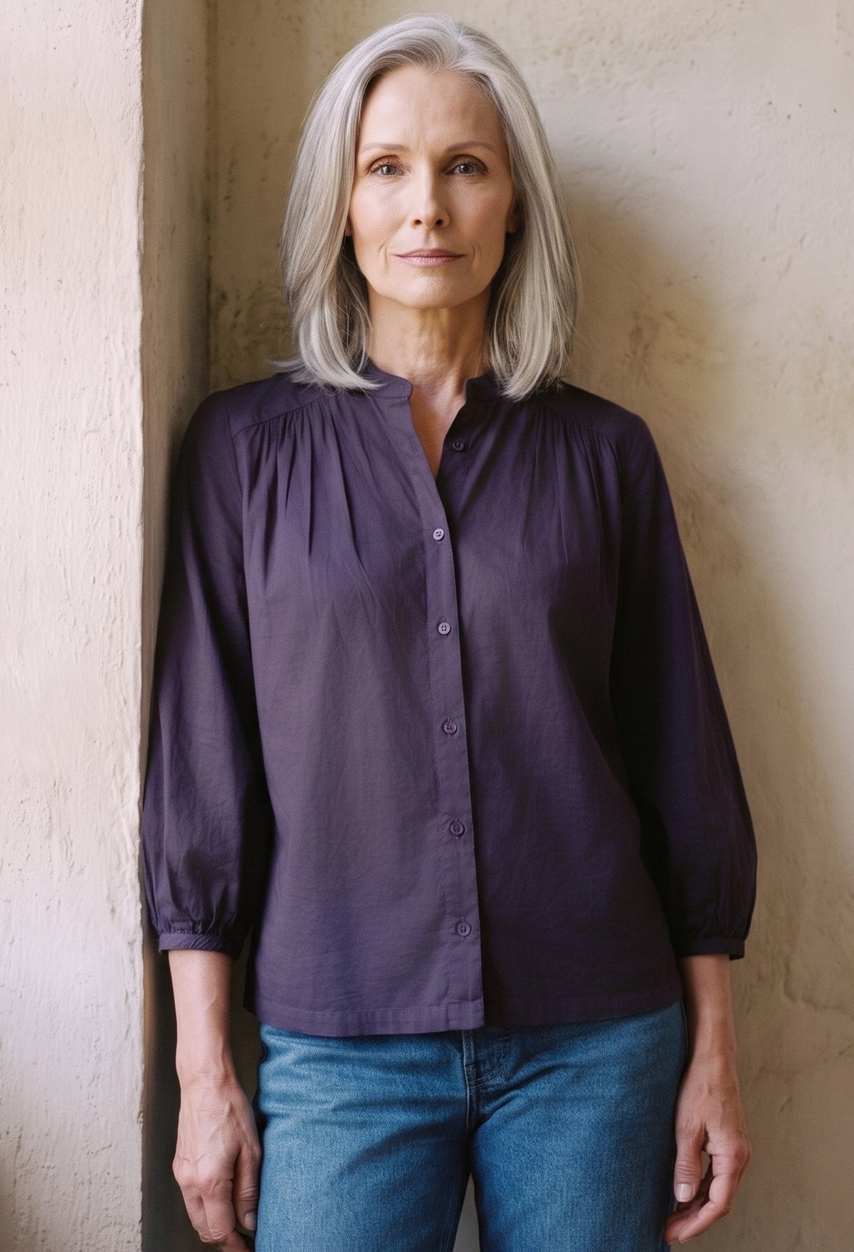 Aubergine Cotton Poplin Peasant Top
