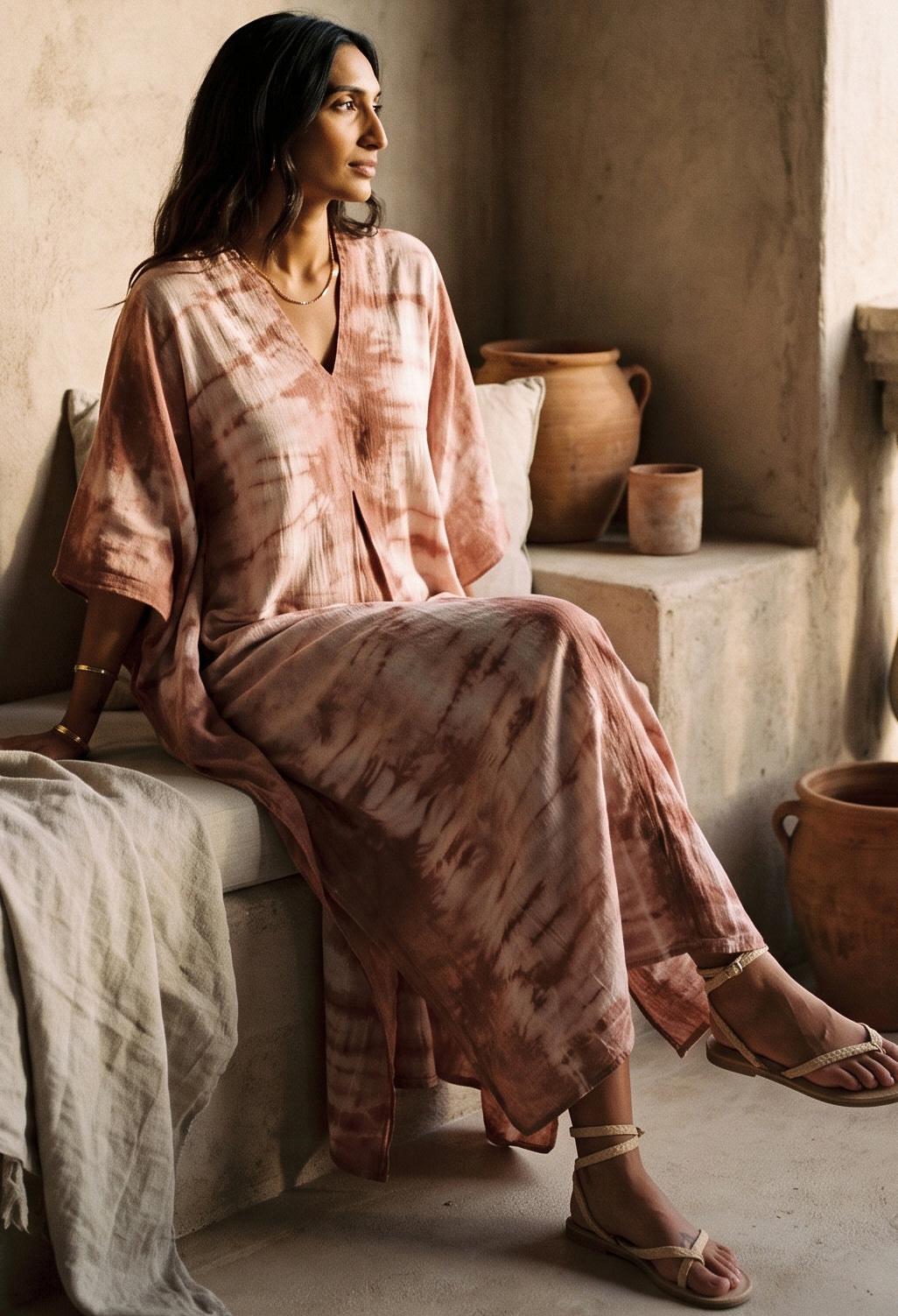 Long Terracotta Tie Dye Maxi Cotton Classic Caftan