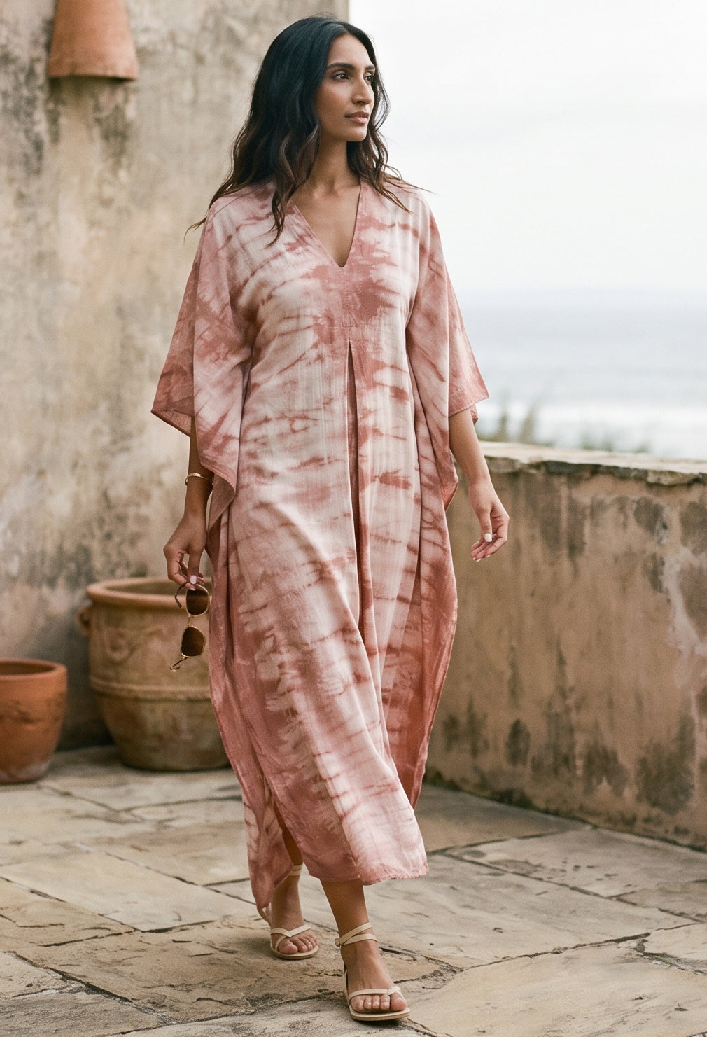 Long Terracotta Tie Dye Maxi Cotton Classic Caftan