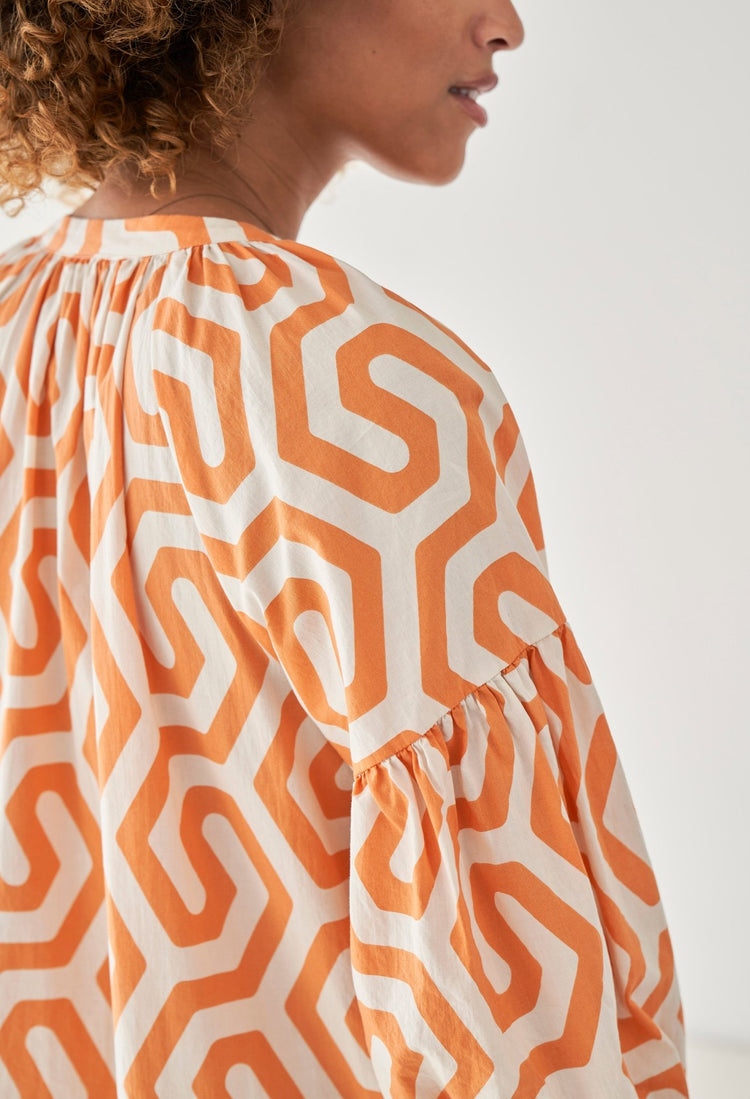 Orange Geometric Cotton Belted Aubrey Peasant Dress with Pockets - ocean+main
