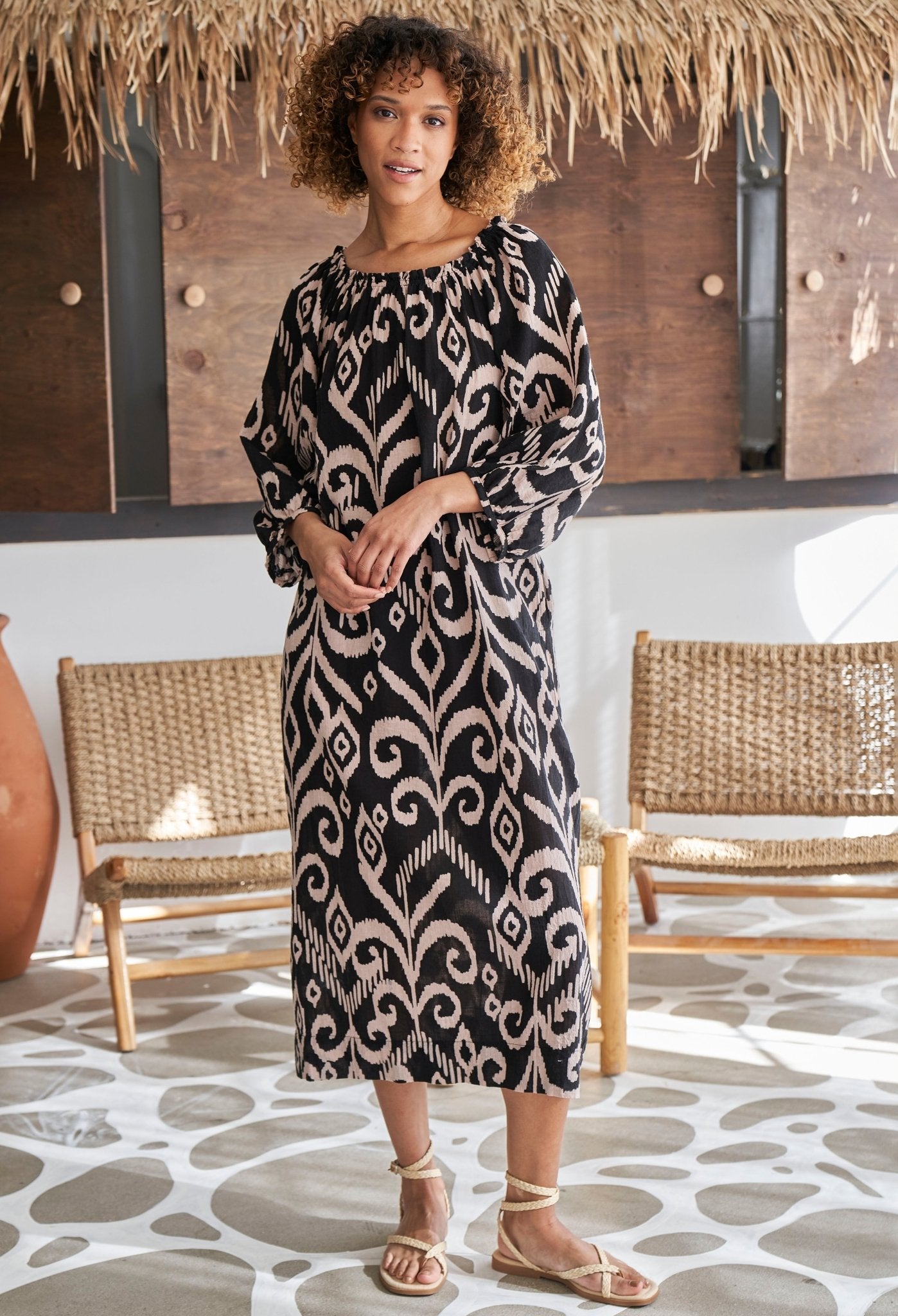 re:hOMe - Black and Sand Ikat Off the Shoulder Gauze Dress with Pockets and Belt - ocean+main