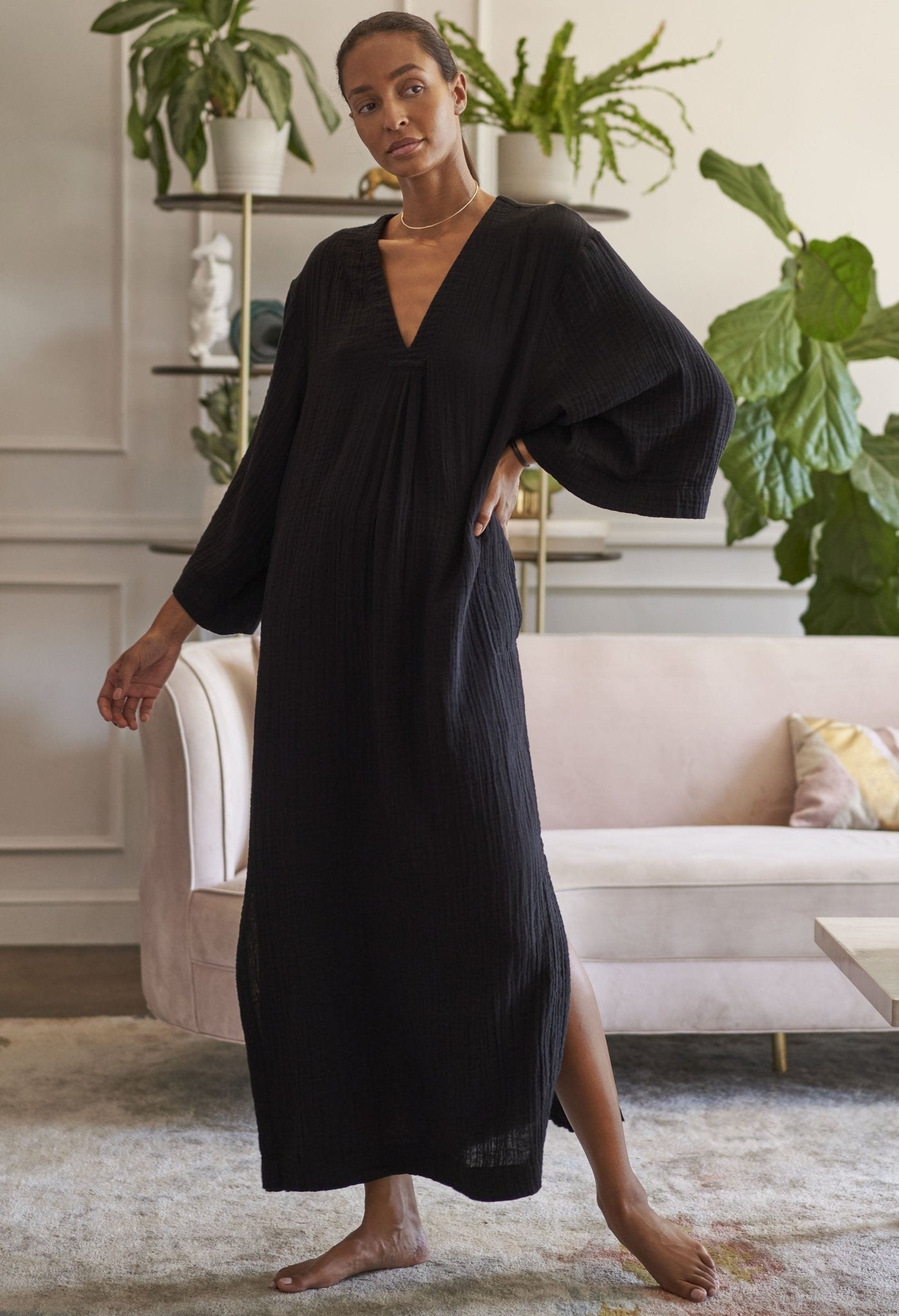 re:hOMe - Black Cotton Gauze Caftan -s/m - ocean+main