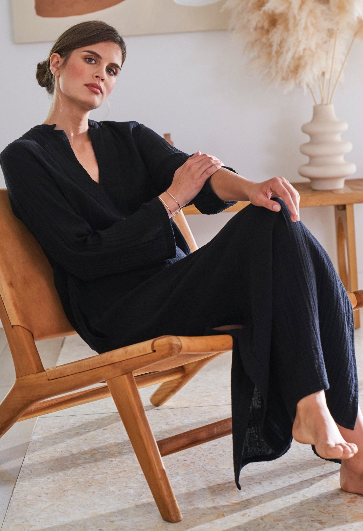 re:hOMe - Black Mandarin Collar Gauze Caftan - ocean+main