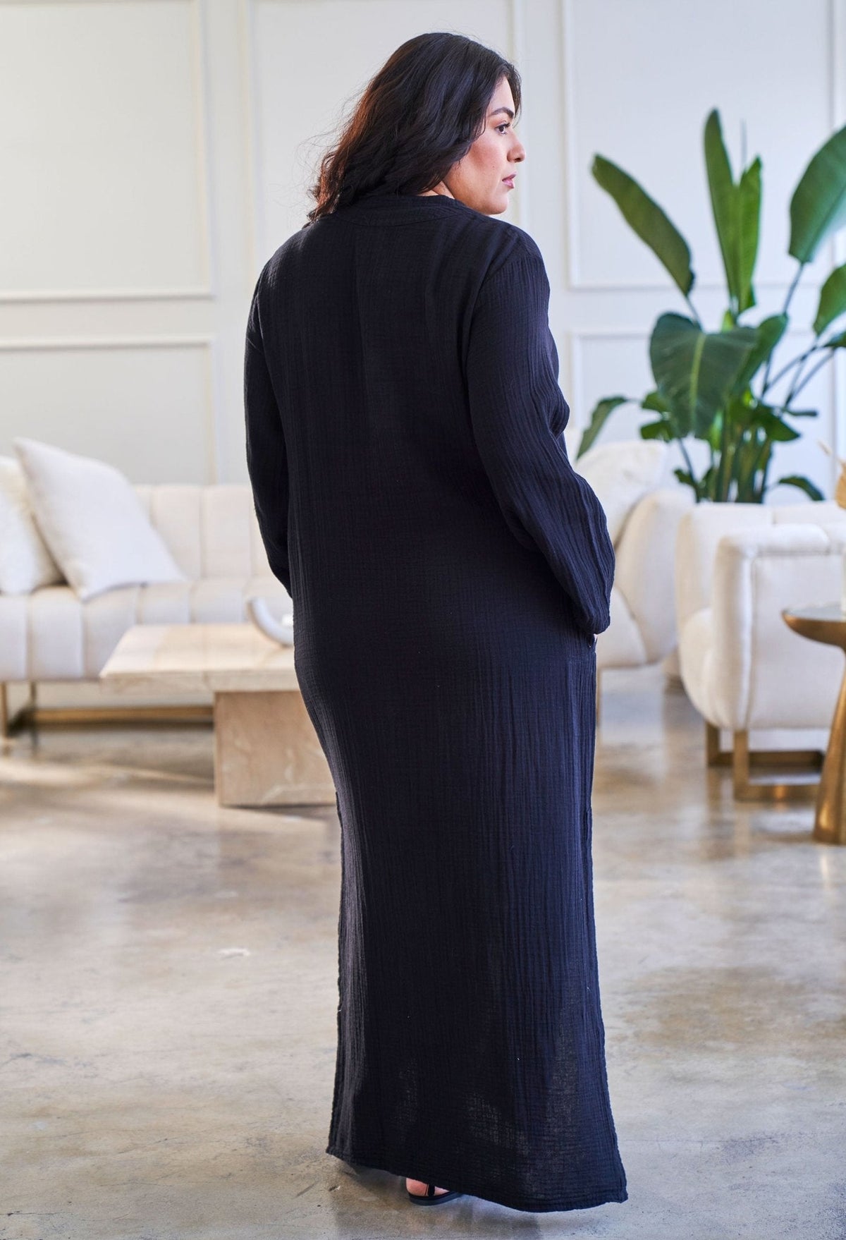 re:hOMe - Black Mandarin Collar Gauze Caftan - ocean+main