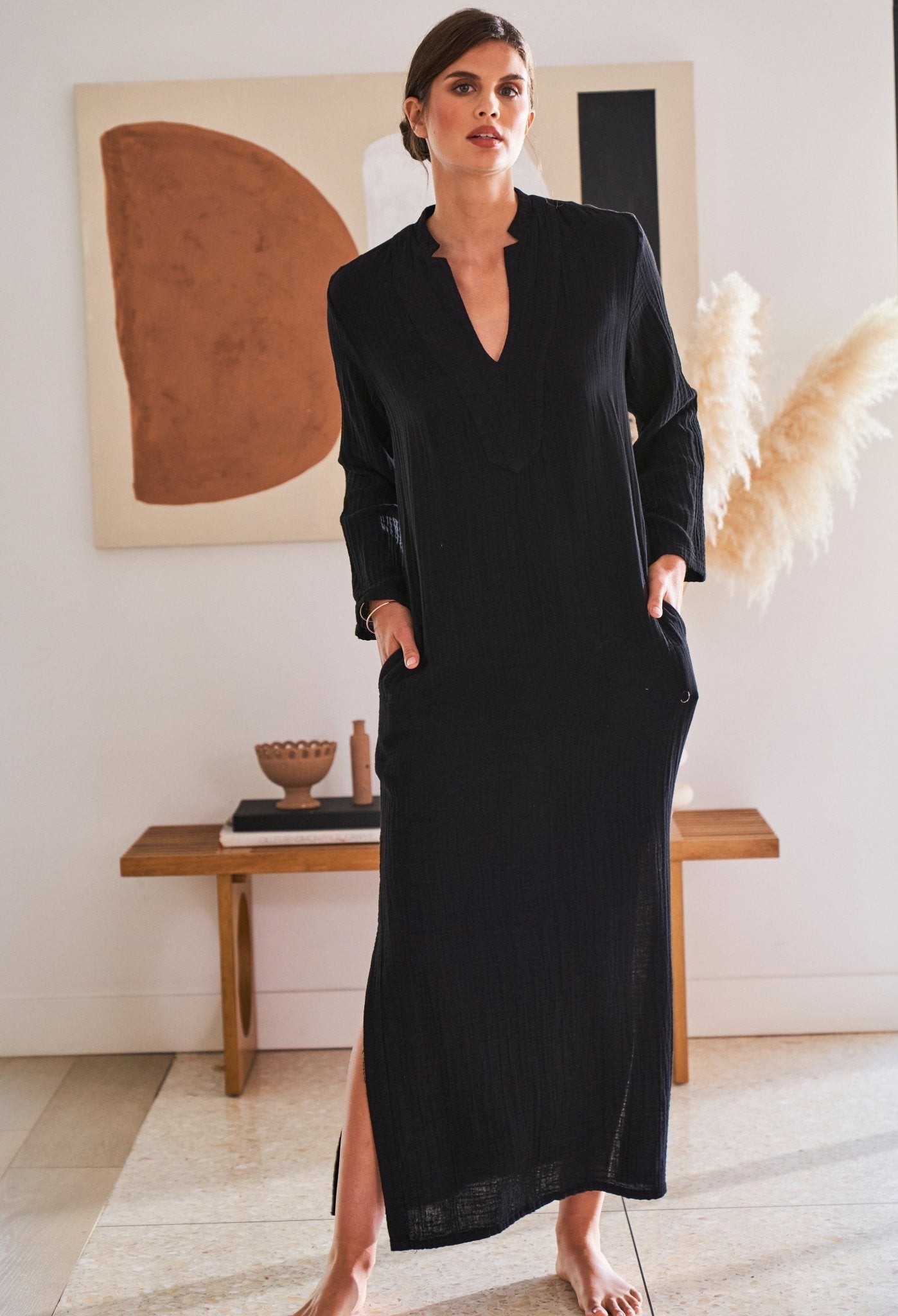 re:hOMe - Black Mandarin Collar Gauze Caftan - ocean+main