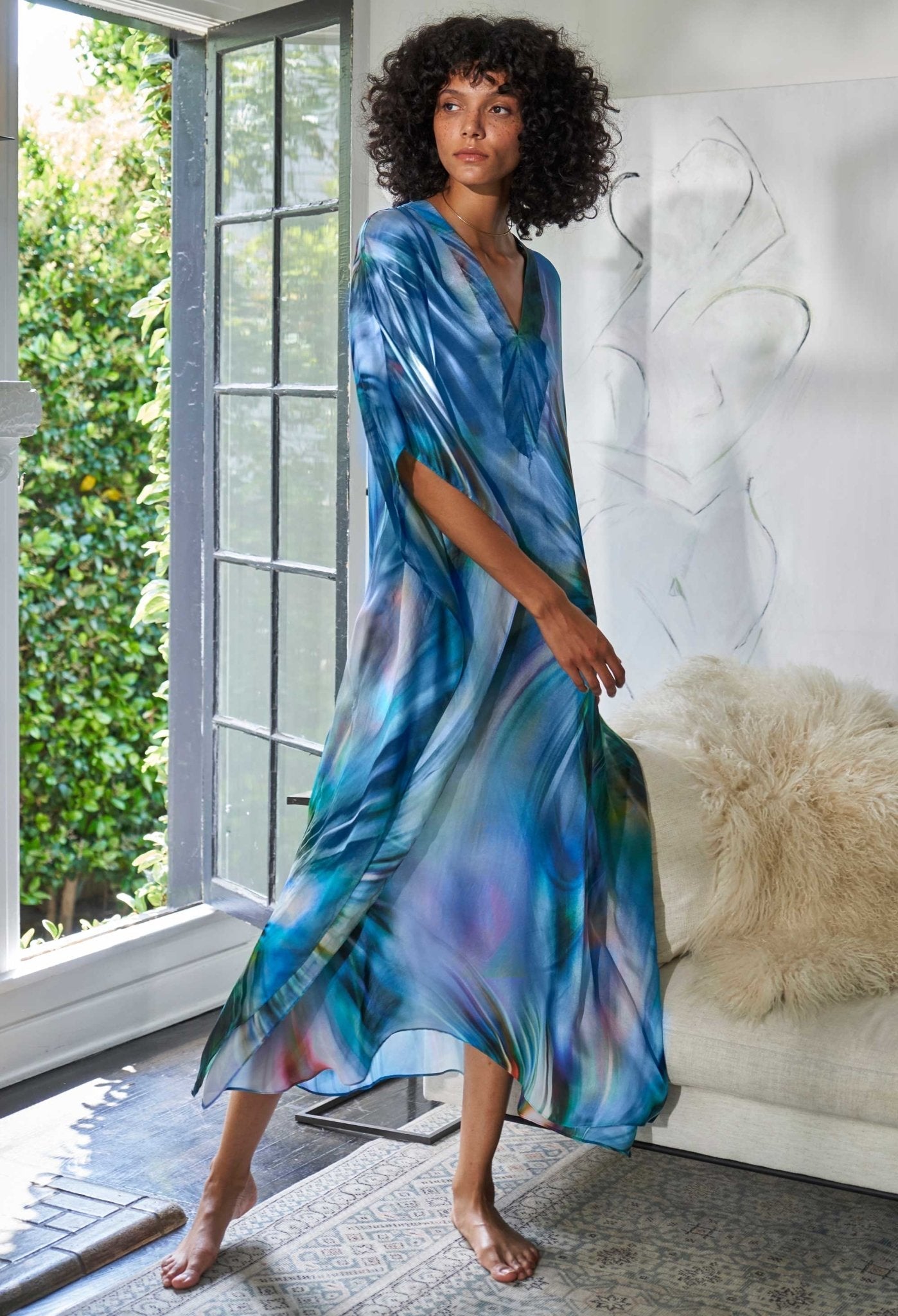 re:hOMe - Blue Kaleidoscope Silk Placket V-Neck Long Caftan - Multiple Sizes - ocean+main