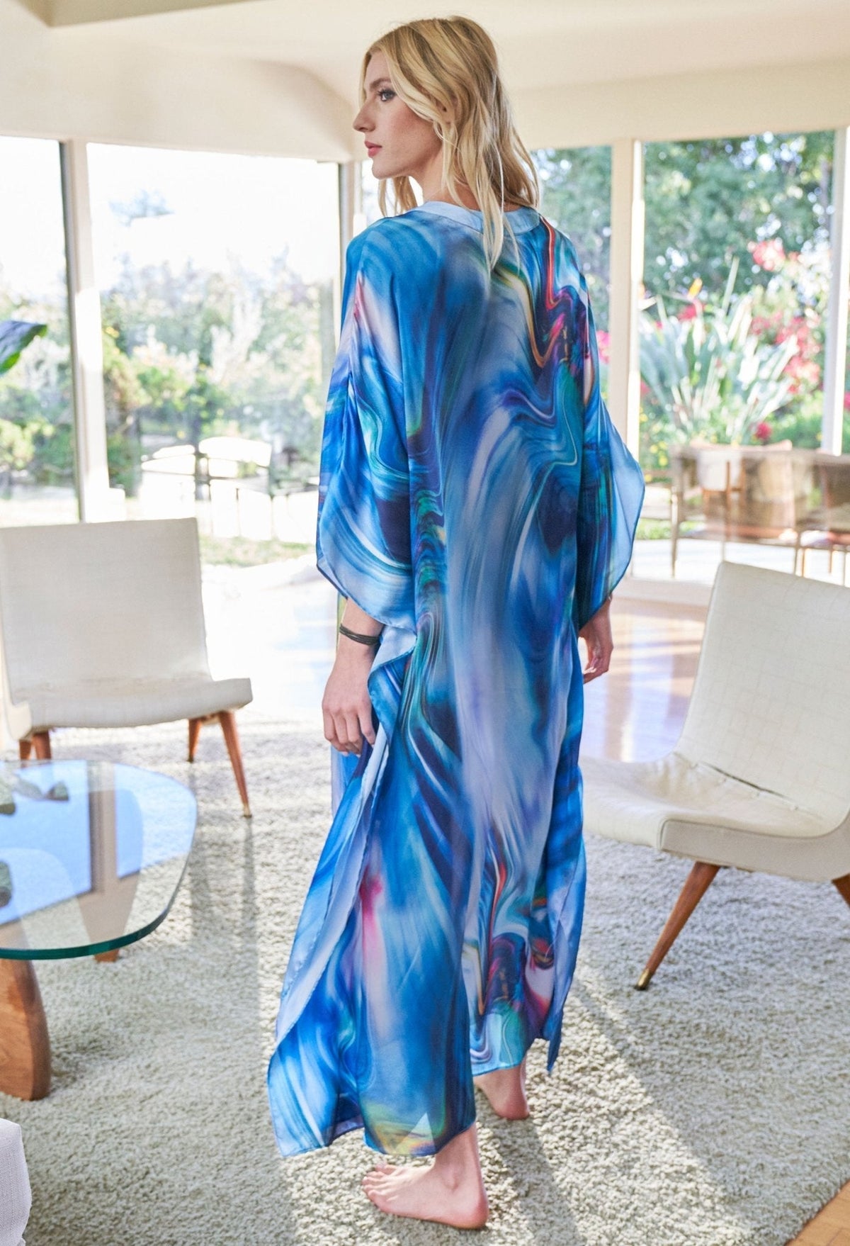 re:hOMe - Blue Kaleidoscope Silk Placket V-Neck Long Caftan - Multiple Sizes - ocean+main