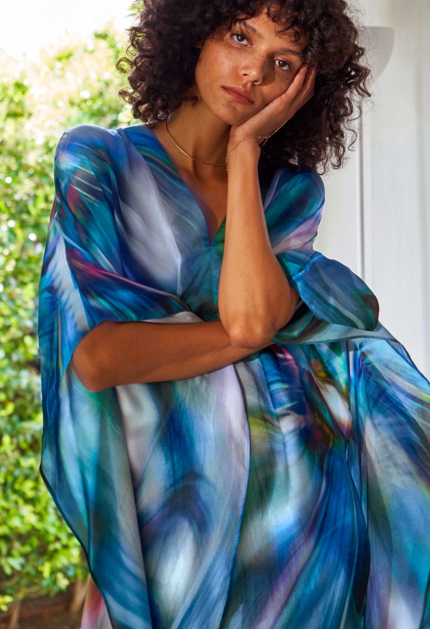re:hOMe - Blue Kaleidoscope Silk Placket V-Neck Long Caftan - Multiple Sizes - ocean+main