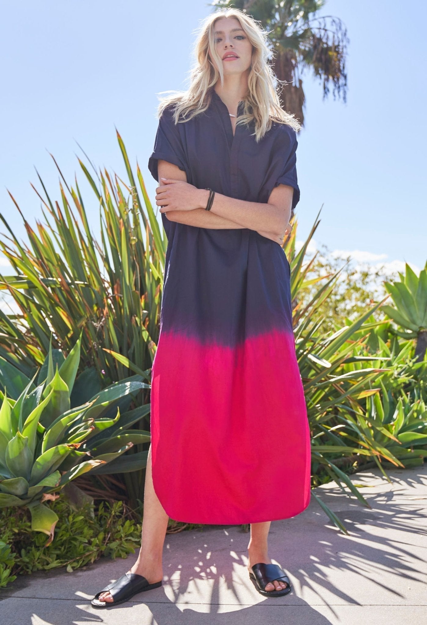 re:hOMe - Navy Fuchsia Dip Dyed Cotton Long Easy Dress - Multiple Sizes - ocean+main