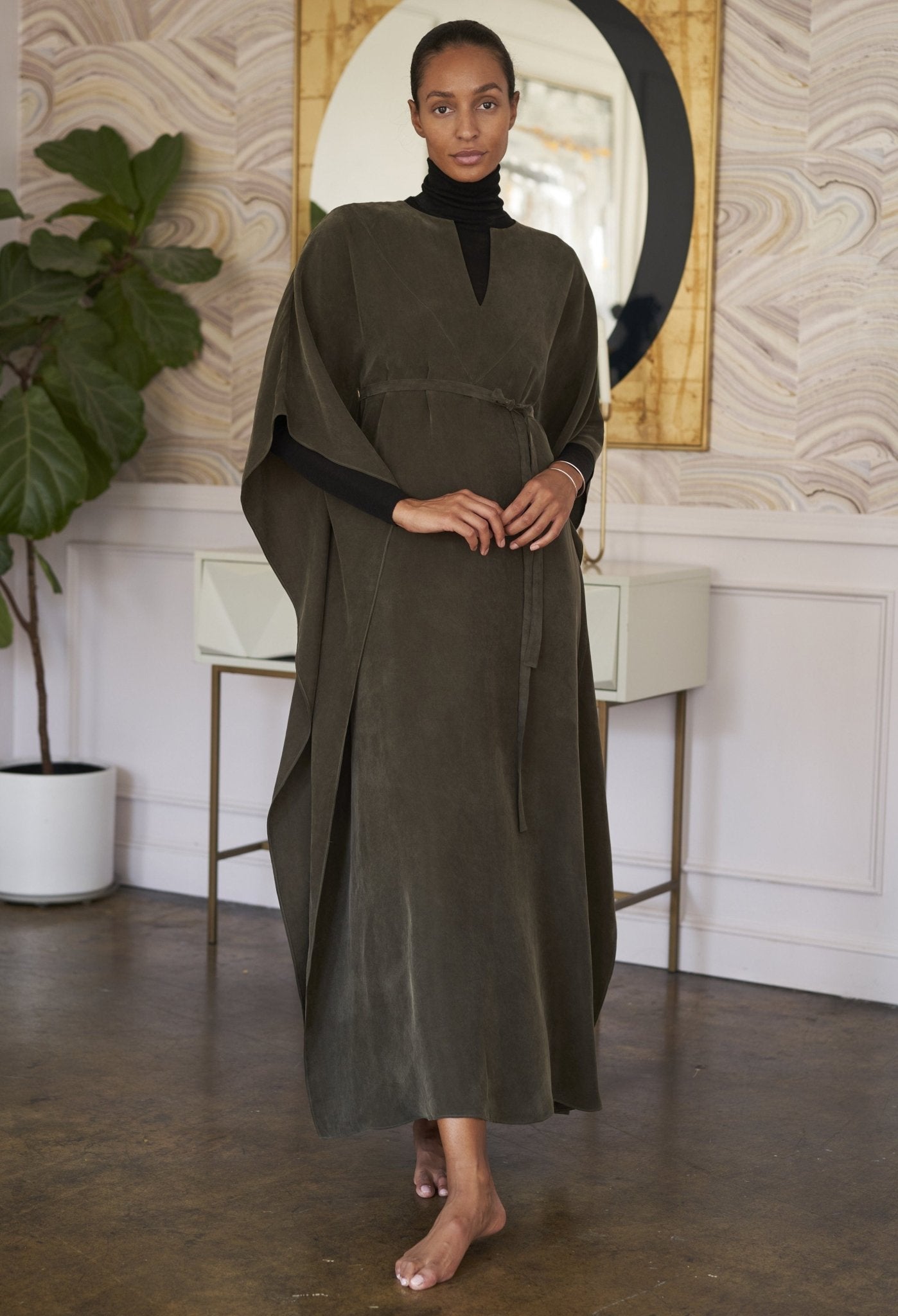 rehOMe - Olive Cupro Long Belted Caftan - 1X - ocean+main