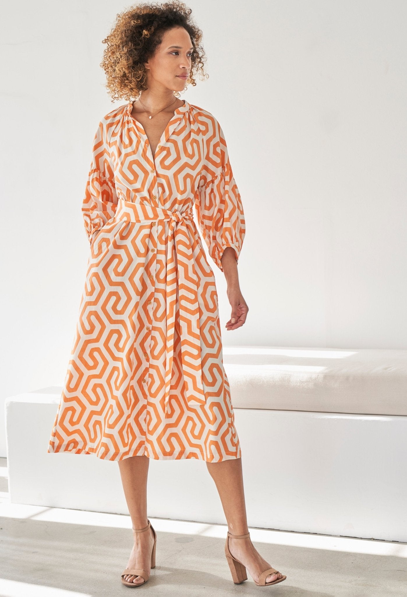 re:hOMe - Orange Geometric Cotton Belted Aubrey Peasant Dress with Pockets - ocean+main