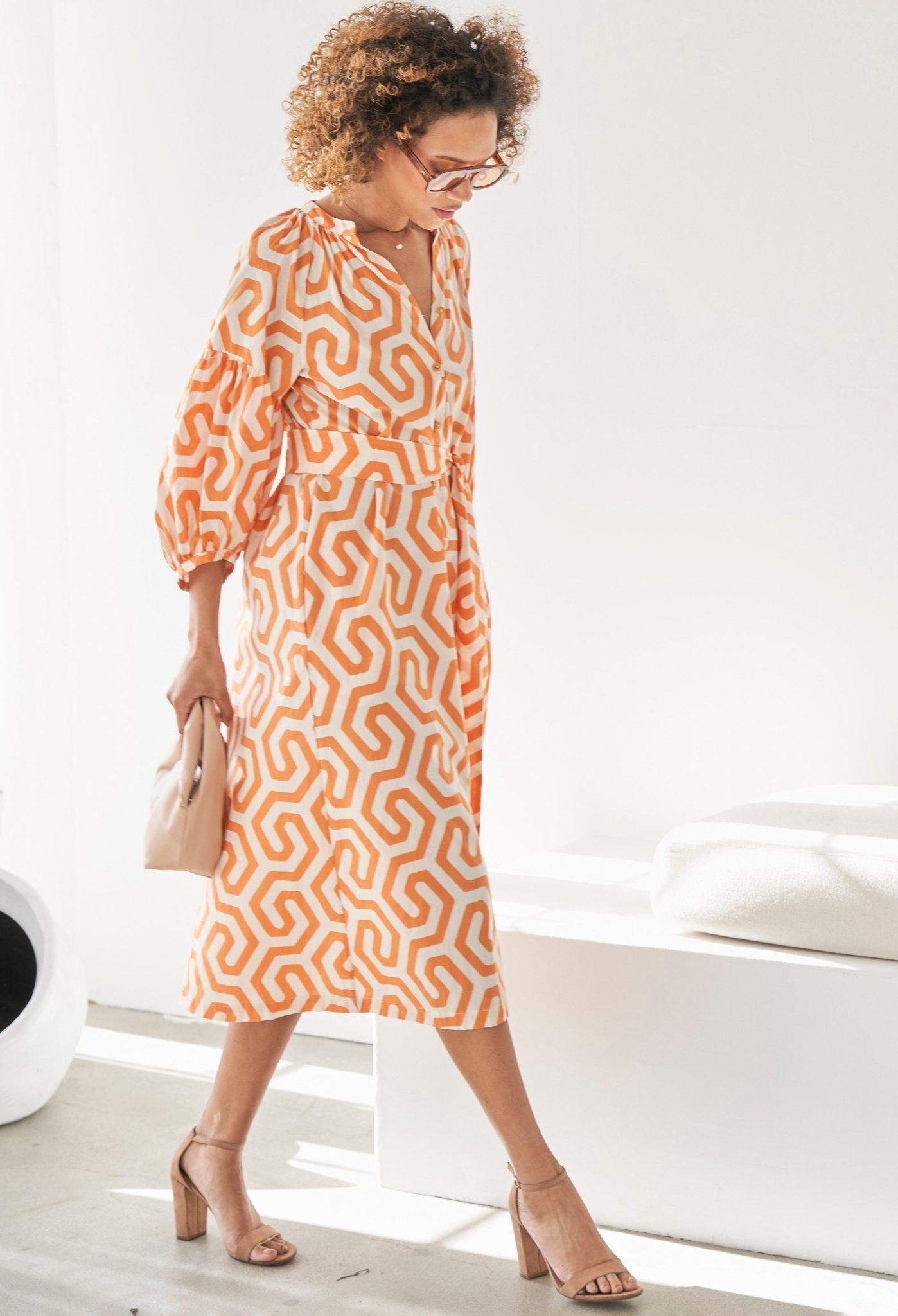 re:hOMe - Orange Geometric Cotton Belted Aubrey Peasant Dress with Pockets - ocean+main