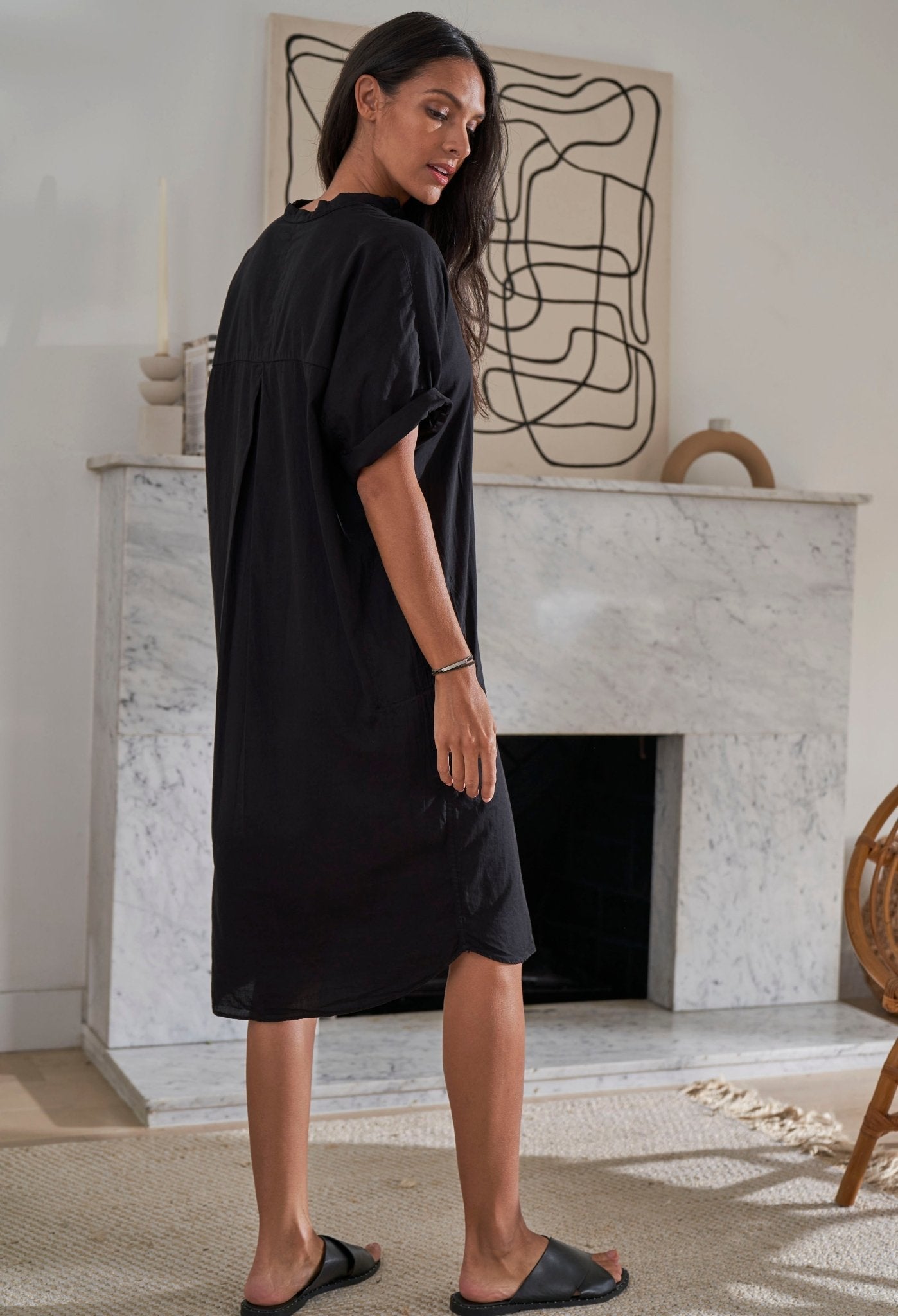 re:hOMe - Short Black Cotton Easy Shirt Dress - ocean+main