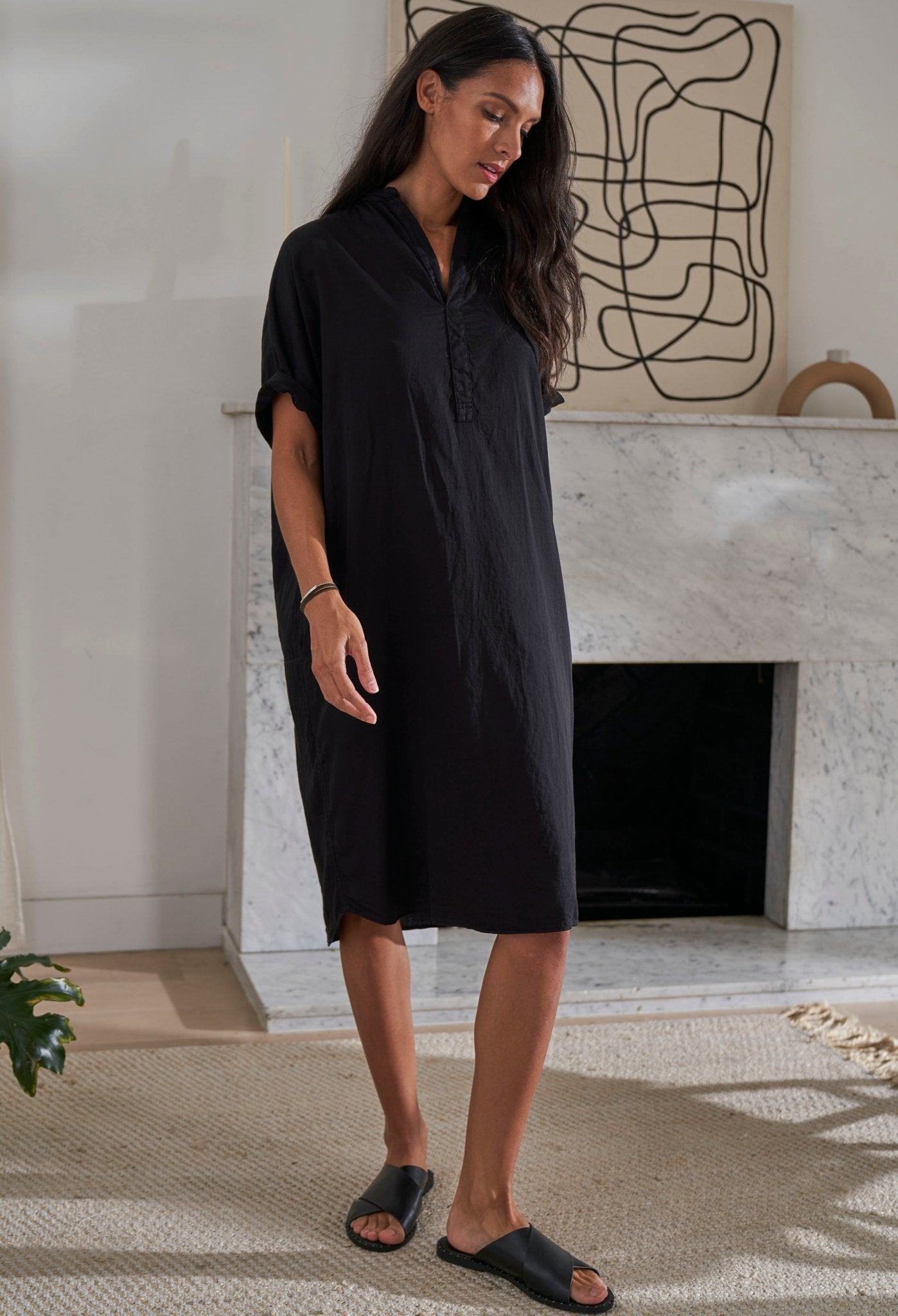 re:hOMe - Short Black Cotton Easy Shirt Dress - ocean+main