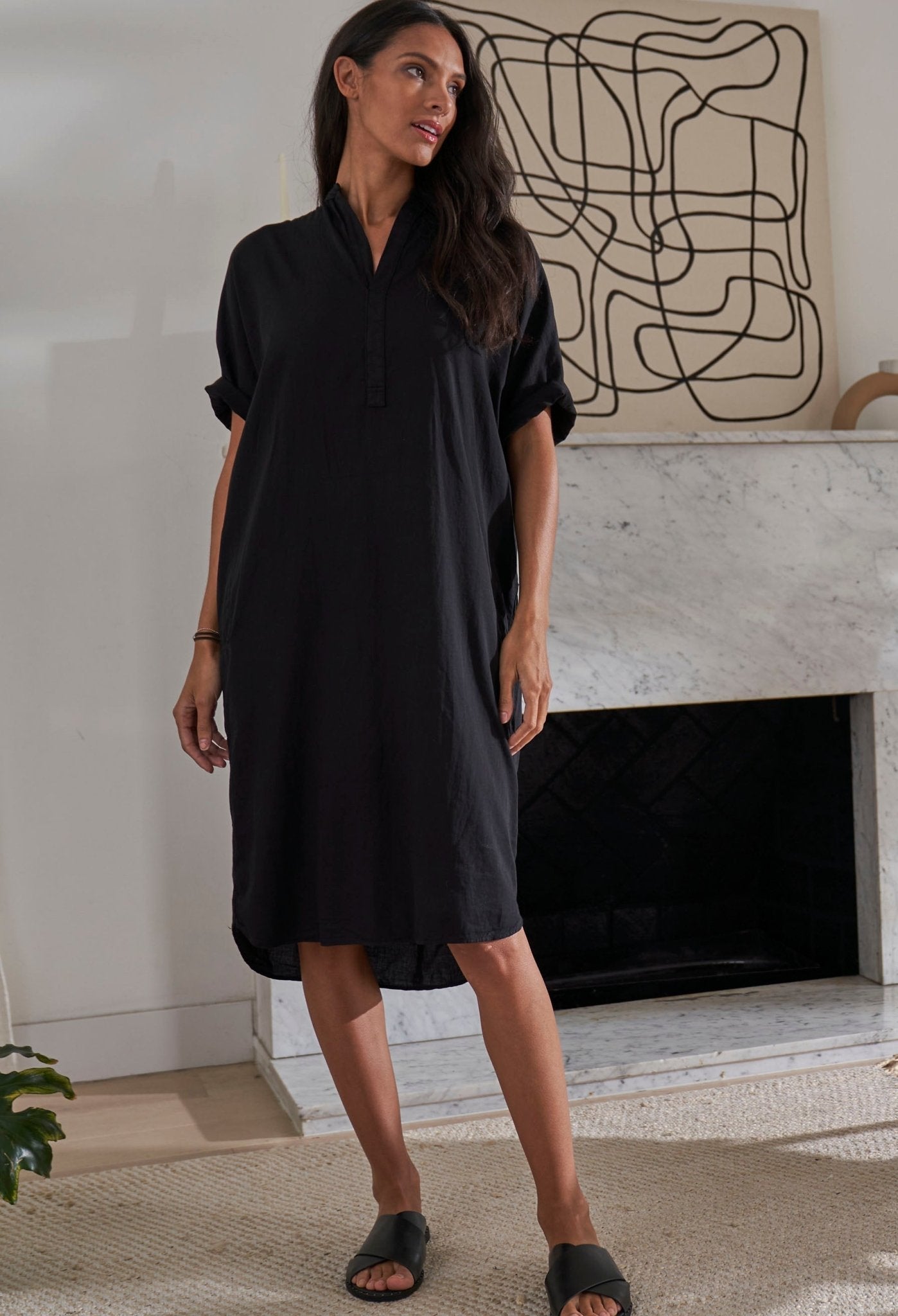 re:hOMe - Short Black Cotton Easy Shirt Dress - ocean+main