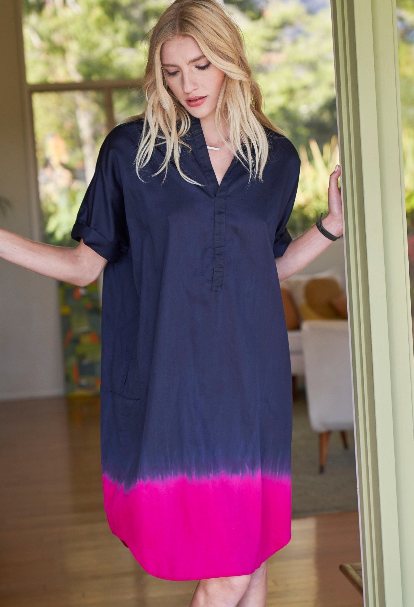 re:hOMe - Short Dip Dye Navy Fuchsia Cotton Easy Shirt Dress - ocean+main