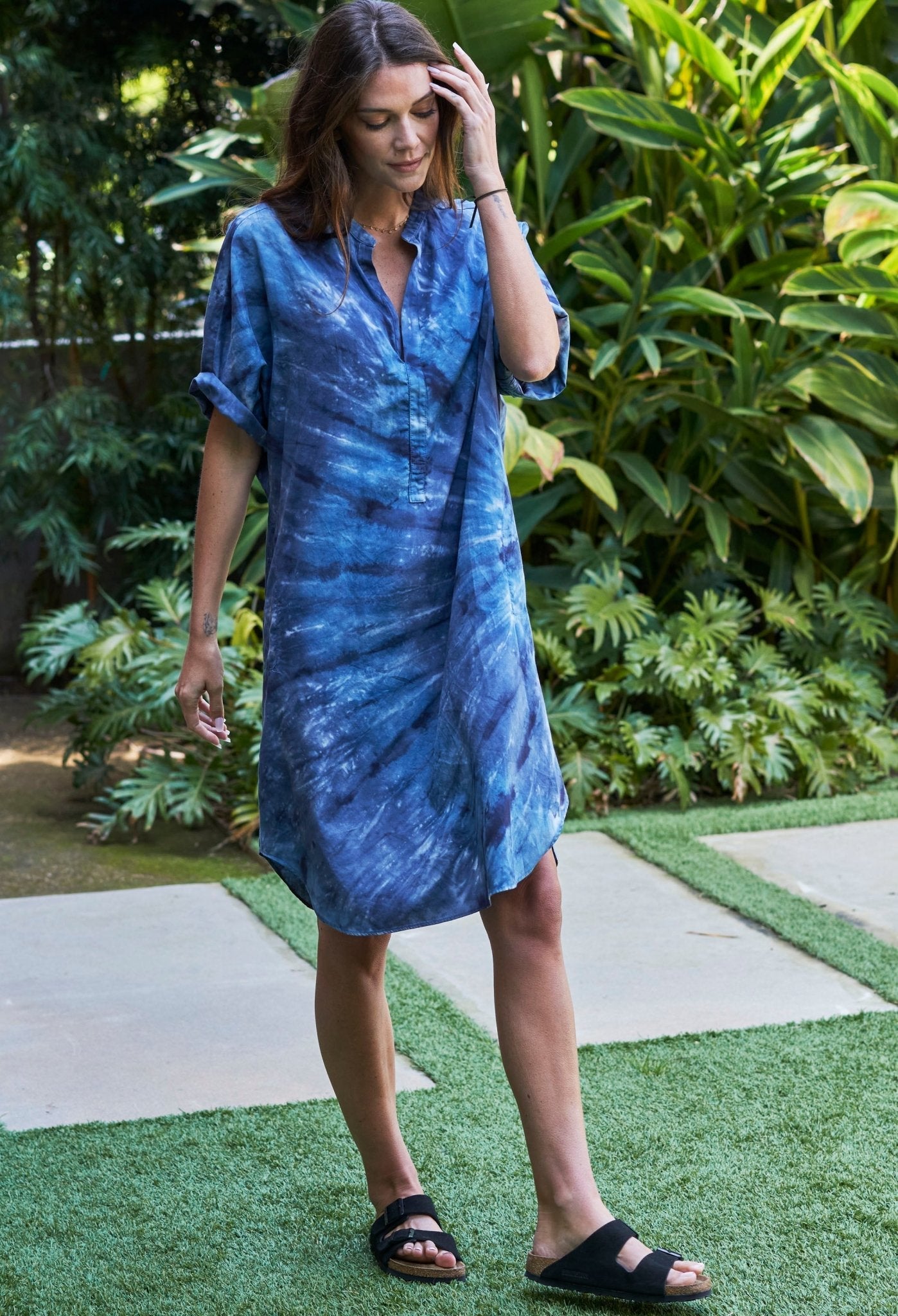 re:hOMe - Short Navy Galaxy Print Cotton Easy Shirt Dress - ocean+main