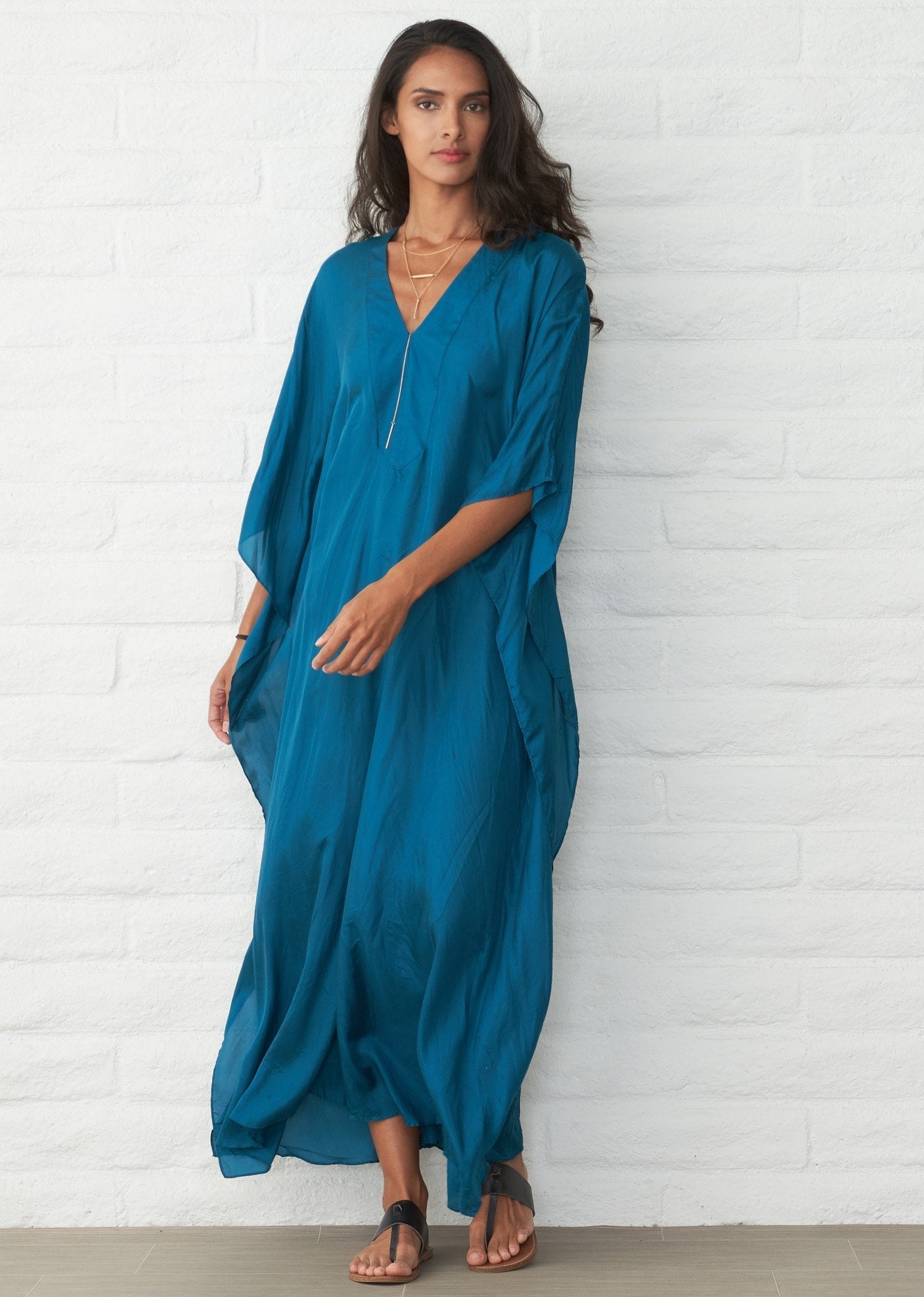 re:hOMe - Teal Silk Placket V - Neck Long Caftan - ocean+main