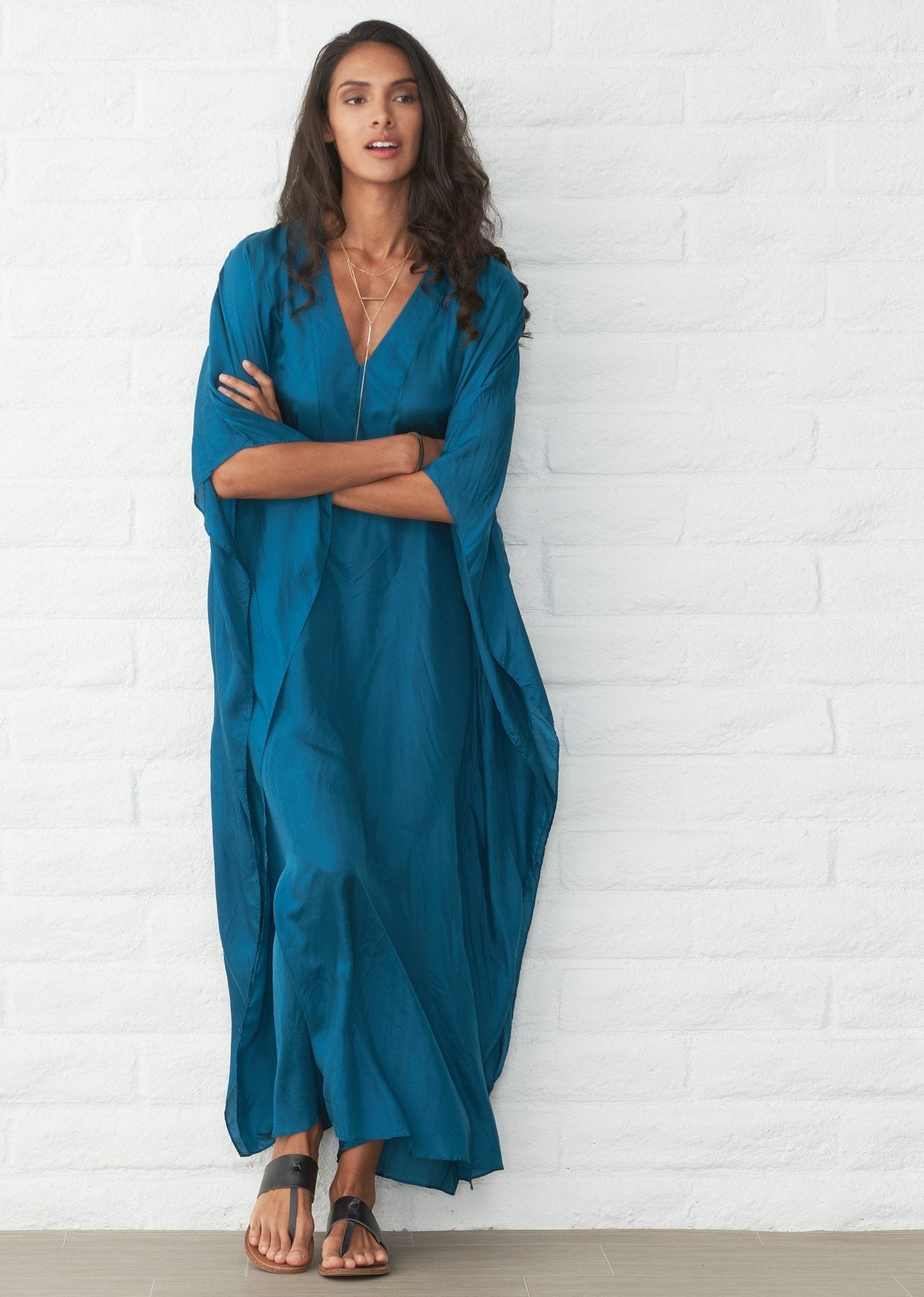 re:hOMe - Teal Silk Placket V - Neck Long Caftan - ocean+main