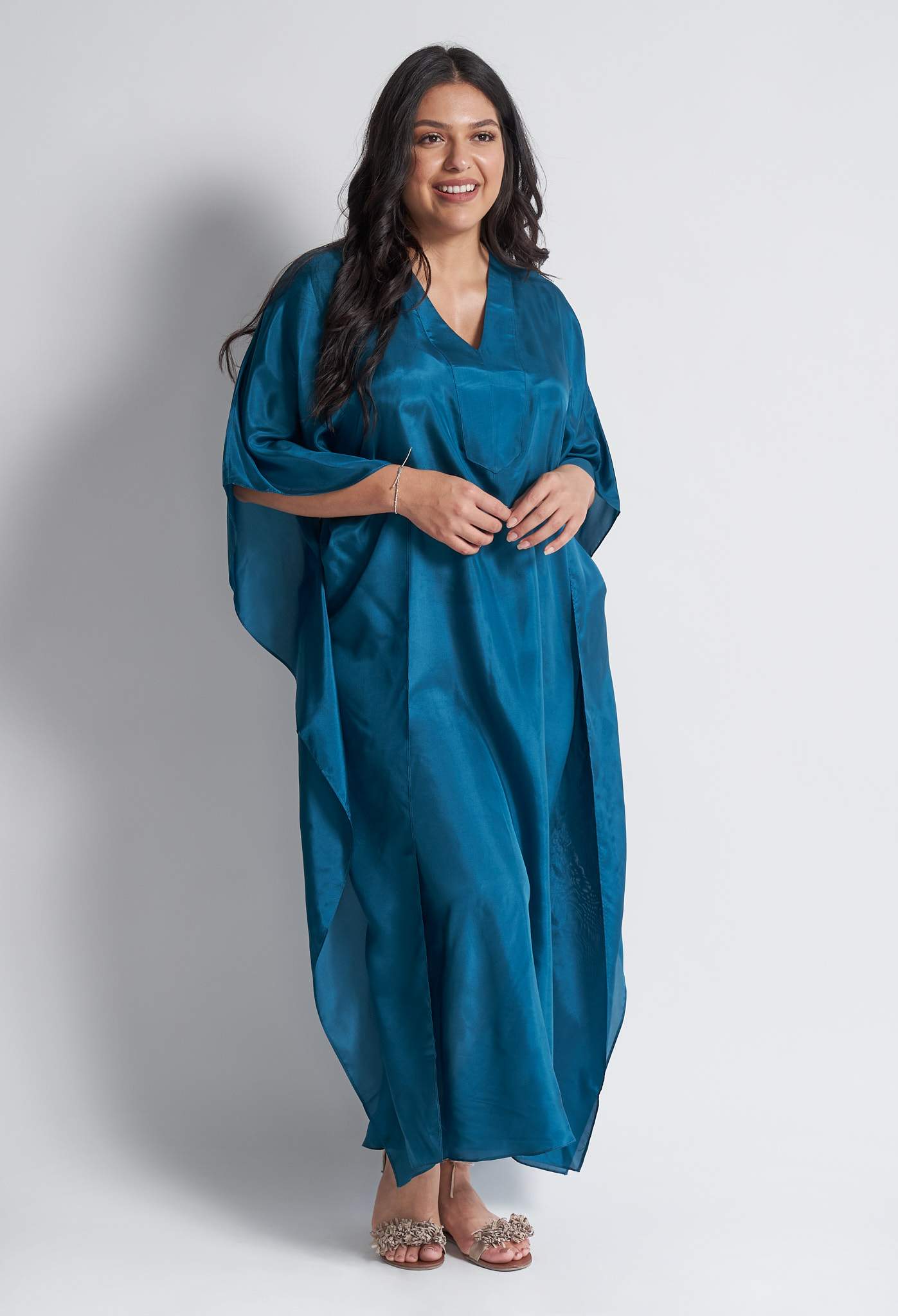 re:hOMe - Teal Silk Placket V - Neck Long Caftan - ocean+main