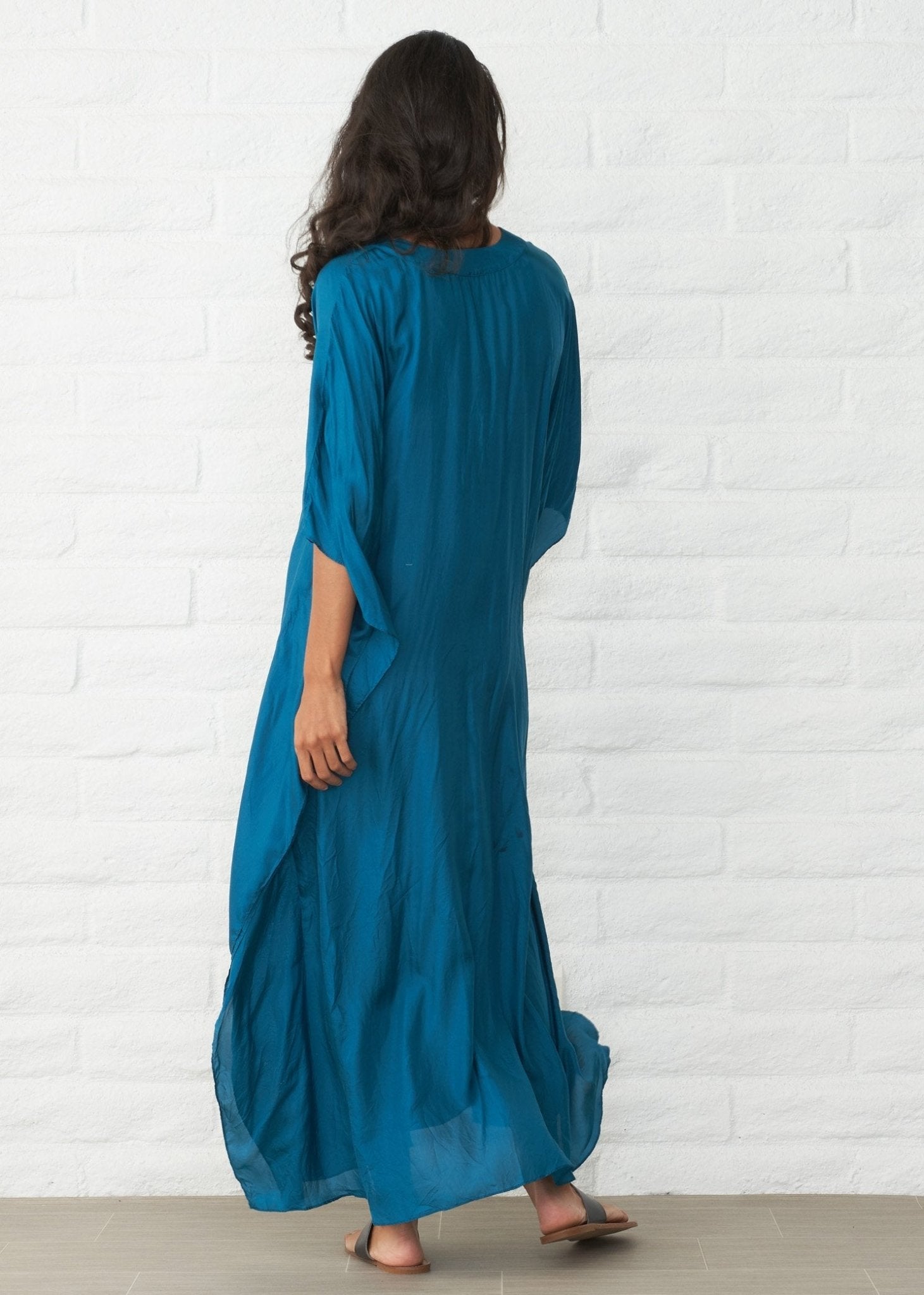 re:hOMe - Teal Silk Placket V - Neck Long Caftan - ocean+main