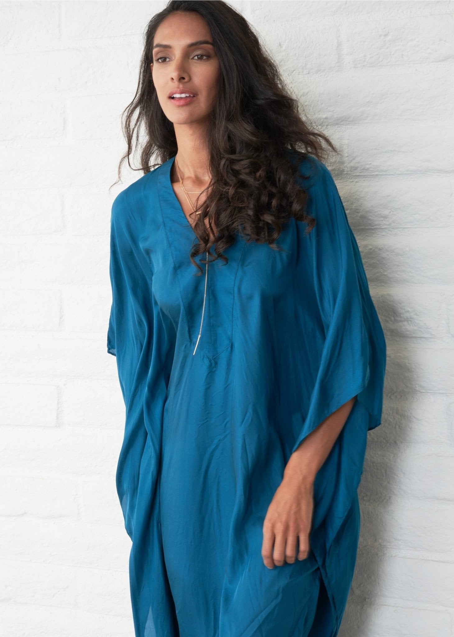 re:hOMe - Teal Silk Placket V - Neck Long Caftan - ocean+main