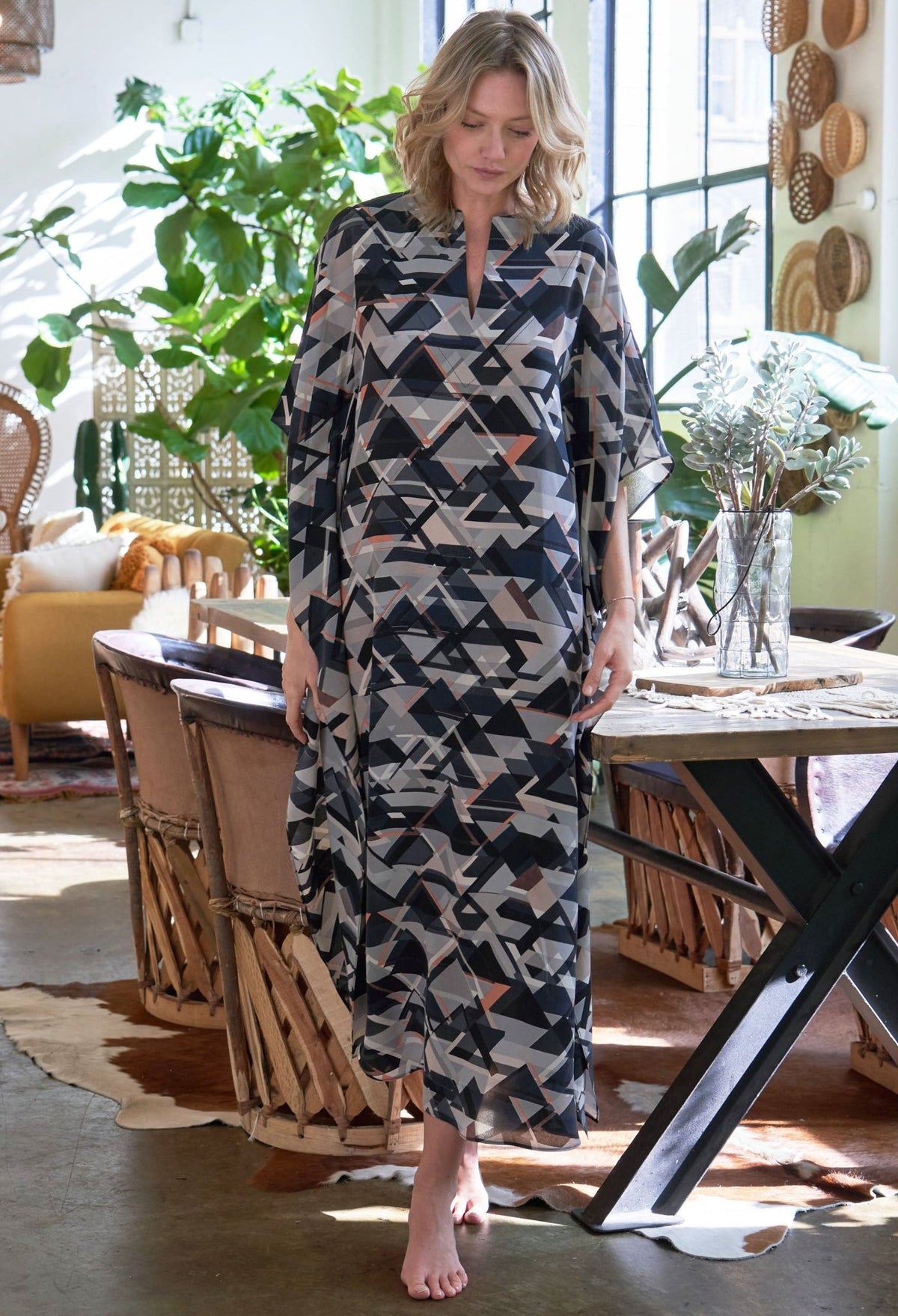 re:hOMe - UPCYCLED - Triangle Print Silk Belted Caftan - s/m - ocean+main